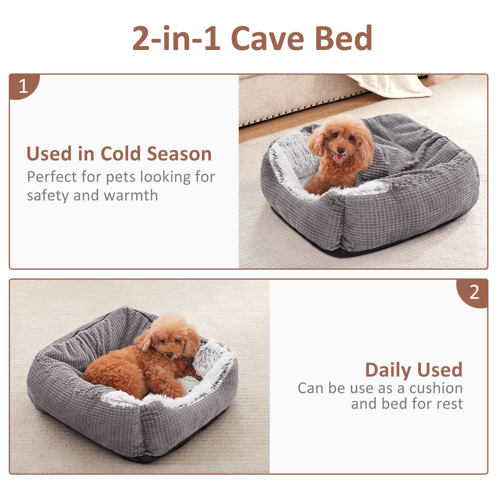 MIXJOY Orthopedic Dog Bed for Small Dogs & Cats - 20 Inch Gray Hooded Cave Pet Bed with Removable Washable Blanket - Warm Cozy Puppy Bed for Indoor Pets - Perfect for Crate, Kennel, or Living Room Use