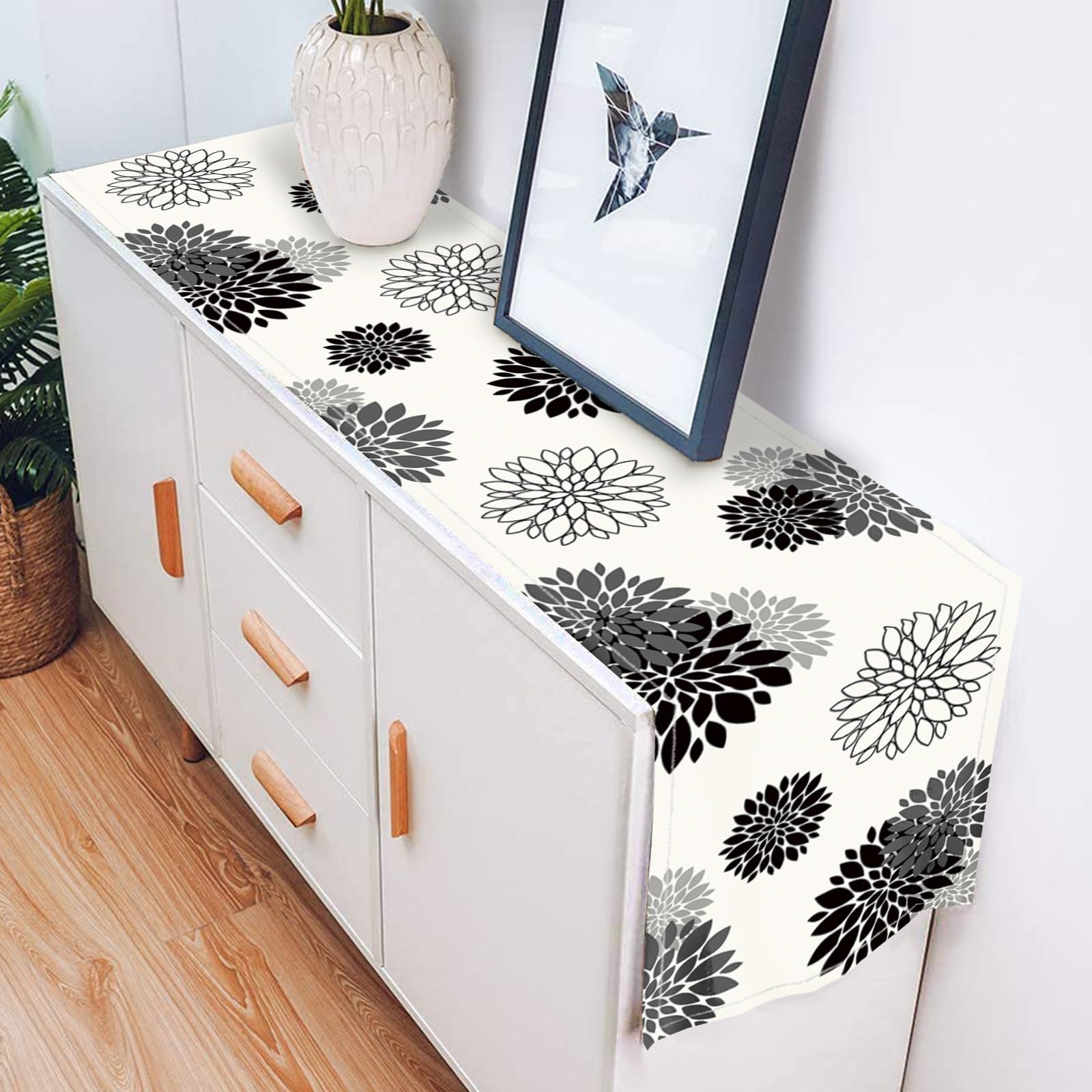 Modern Black Gray Dahlia Pinnata Flower Table Runner - Elegant Beige Pompon Farmhouse Geometric Design for Coffee Table, Dining Table, Kitchen Decor - 13 x 36 Inch - Perfect for Home, Parties & Farmhouse Style Decorations