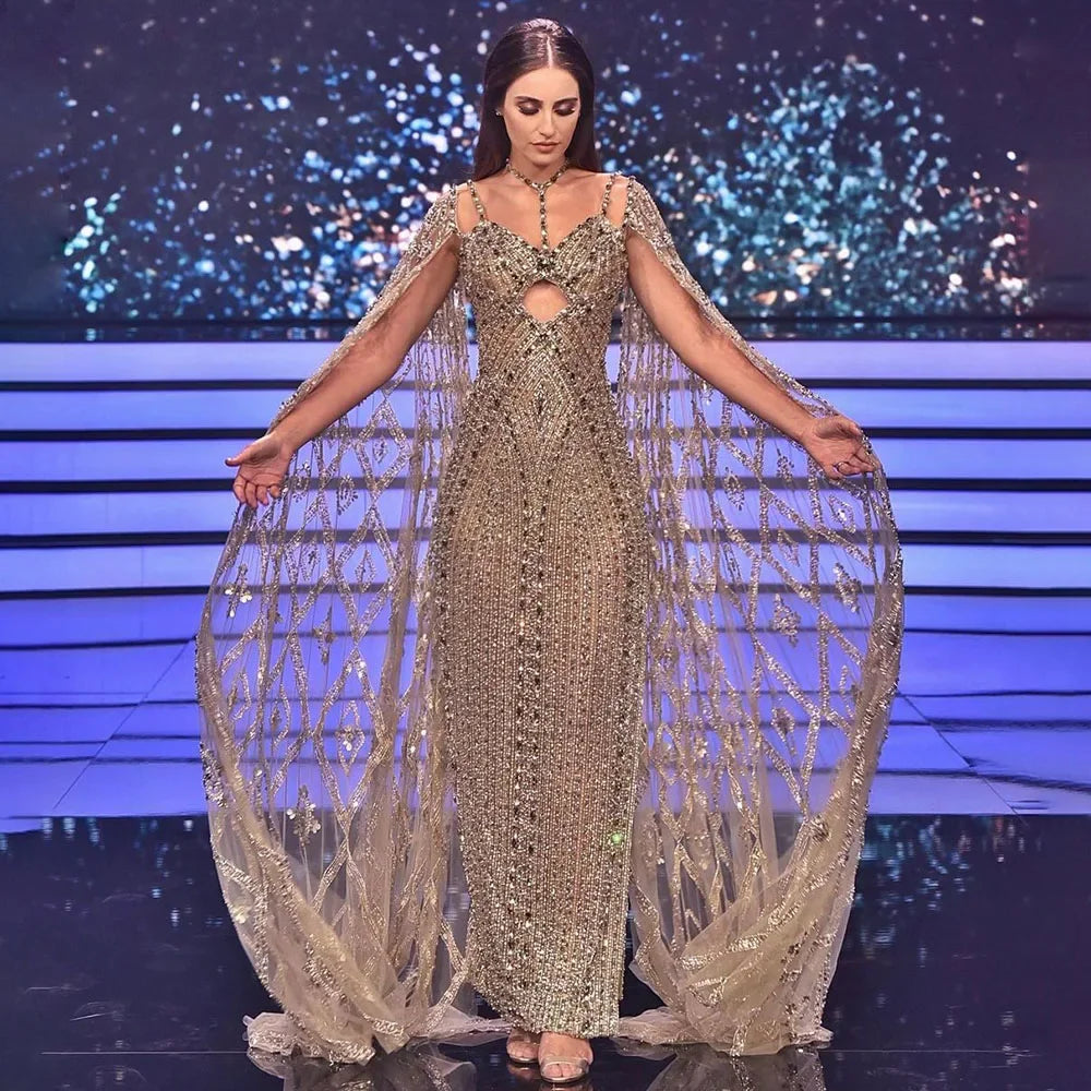 Luxury Beaded Mermaid Evening Dress with Caramel Cape Sleeves - Elegant Women's Party Gown for Prom, Wedding & Formal Events - Serene Hill Collection LA72053