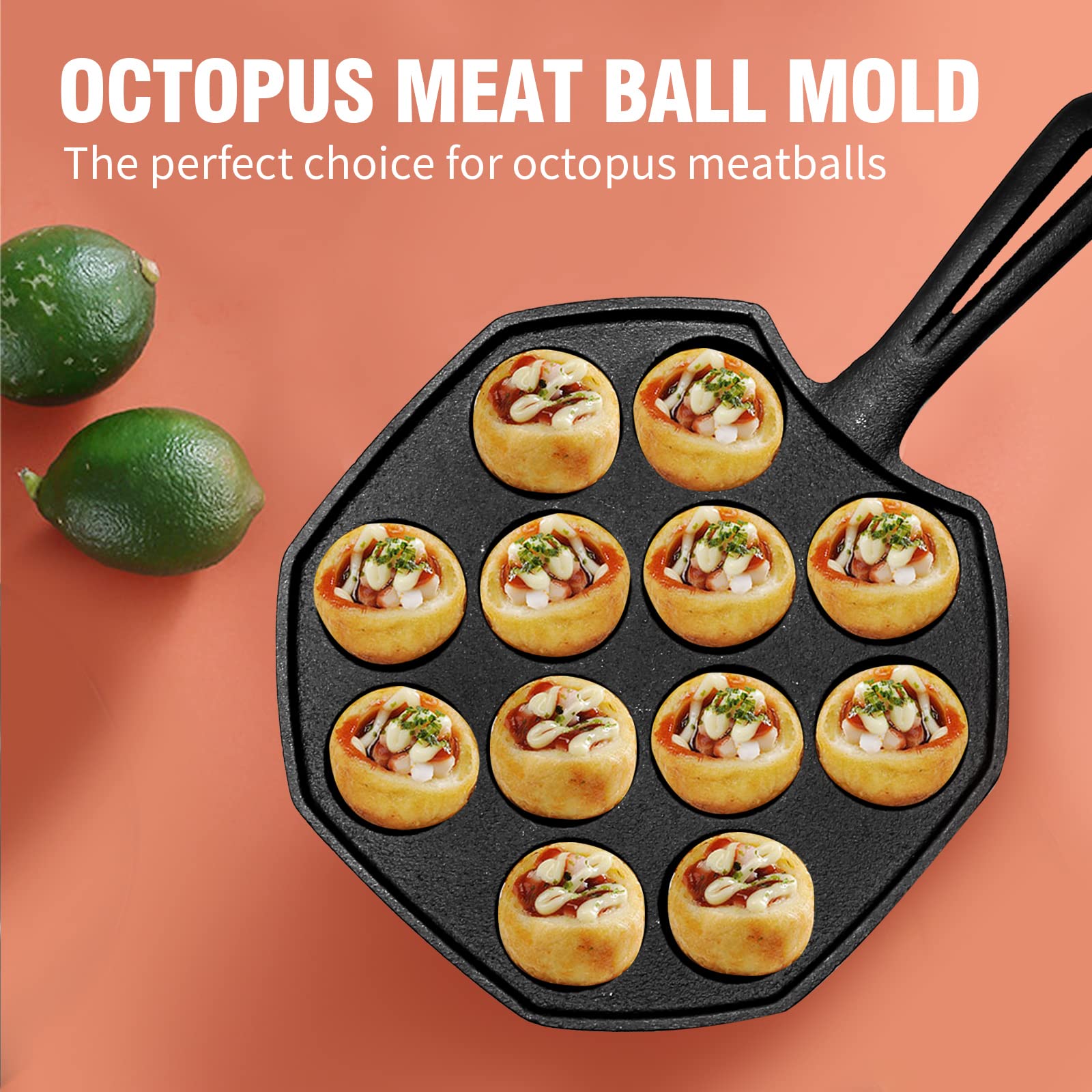 Cast Iron Takoyaki Pan - 12 Hole Heavy Duty Square Griddle for Japanese Octopus Balls, 1.5