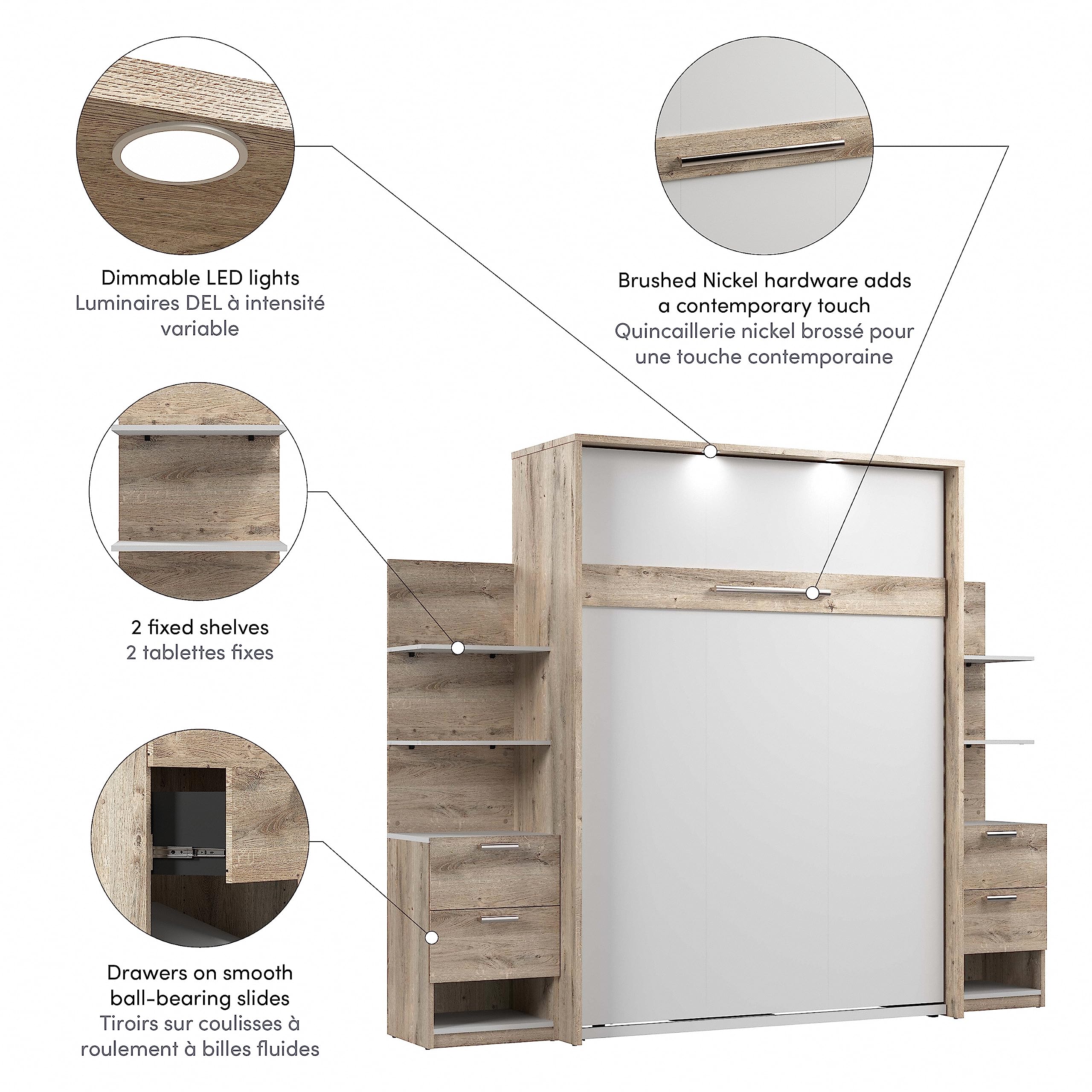 Bestar Cielo Queen Murphy Wall Bed with Nightstands & Floating Shelves - Rustic Brown & White Space-Saving Furniture for Small Apartments, Guest Rooms & Home Offices