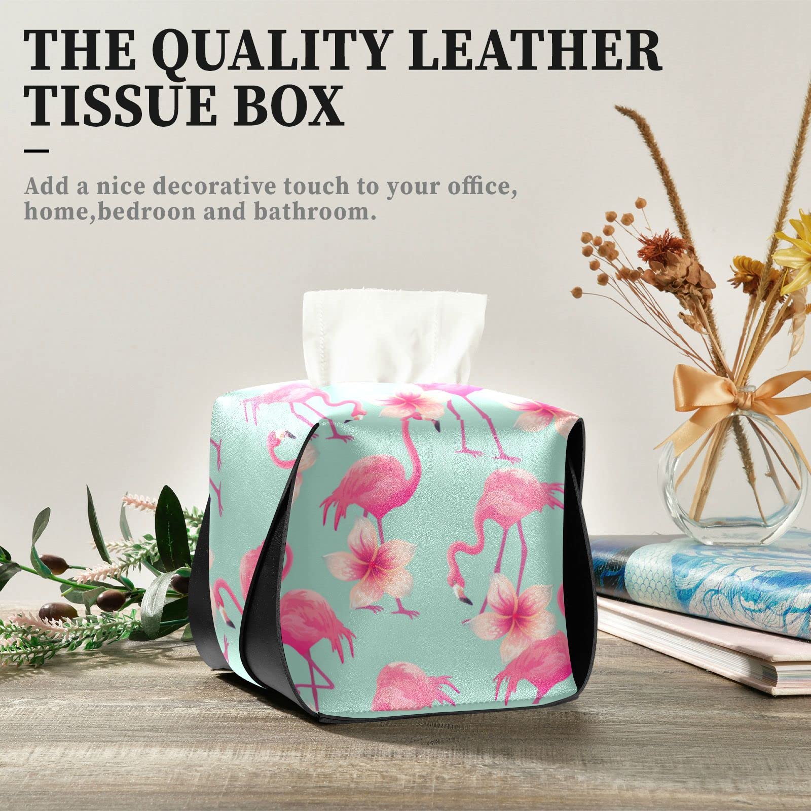 Floral Flamingo PU Leather Tissue Box Cover - Rectangular Decorative Tissue Holder with Handle for Dresser, Bathroom, Living Room & Bedroom Decor | Perfect for Home, Office & Gift Giving