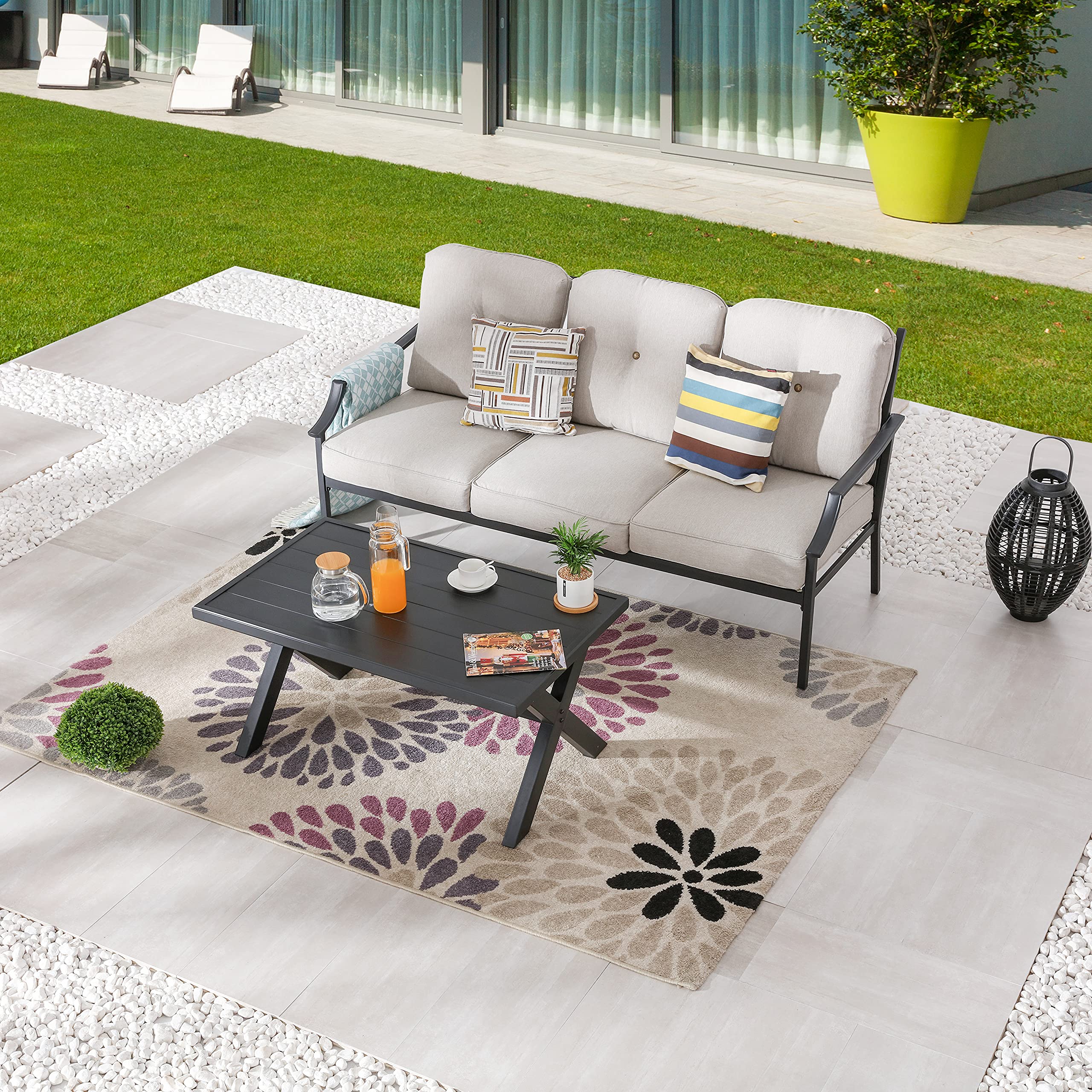 LOKATSE HOME Outdoor Patio Cushioned Loveseat 3-Seater Sofa Bench with Metal Coffee Table - Beige - Perfect for Garden, Backyard, Poolside & Patio Relaxation
