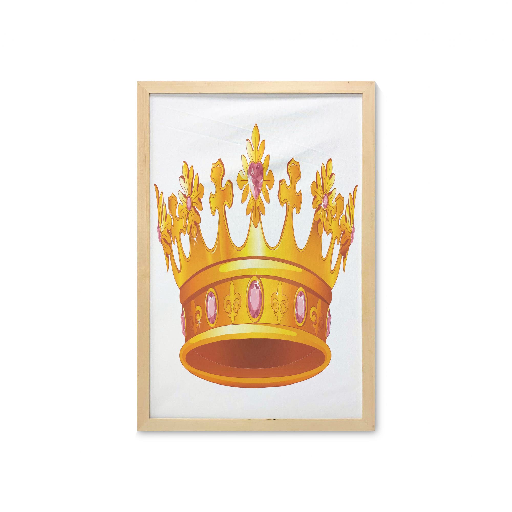 Ambesonne Queen Wall Art with Frame - Antique Tiara Crown with Pale Pink Gemstone, Nobility Cartoon Print Fabric Poster, 23