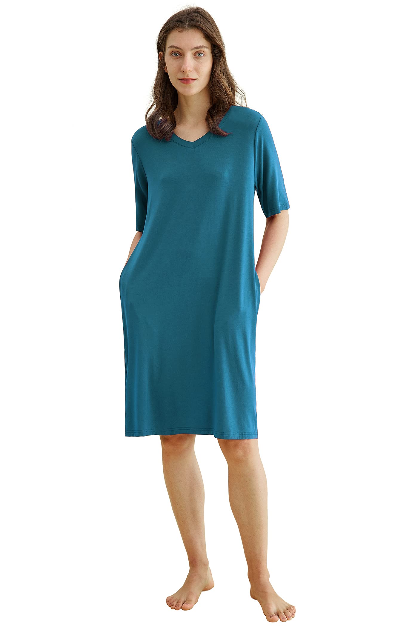 Comfortable Women's Bamboo Viscose Nightgown - Soft V-Neck Sleep Shirt with Pockets for Lounge & Sleep | Breathable & Eco-Friendly Pajama Dress for Women