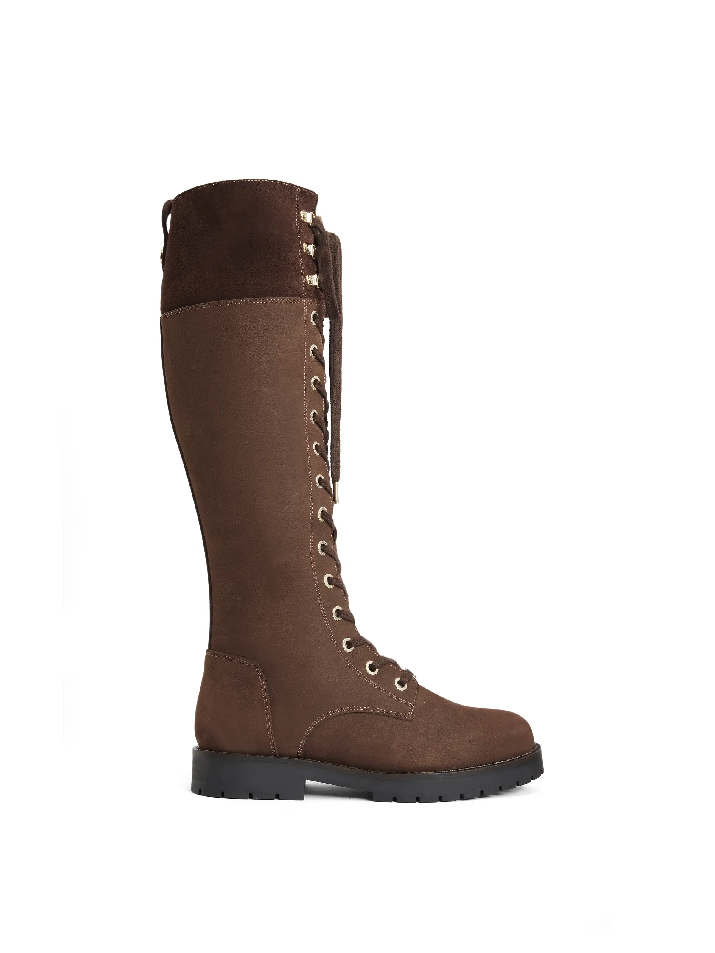 Women's Knee High Shearling Lined Anglesey Boots in Chocolate Nubuck Leather - Warm Winter Snow Boots for Outdoor Walking and Cold Weather Fashion