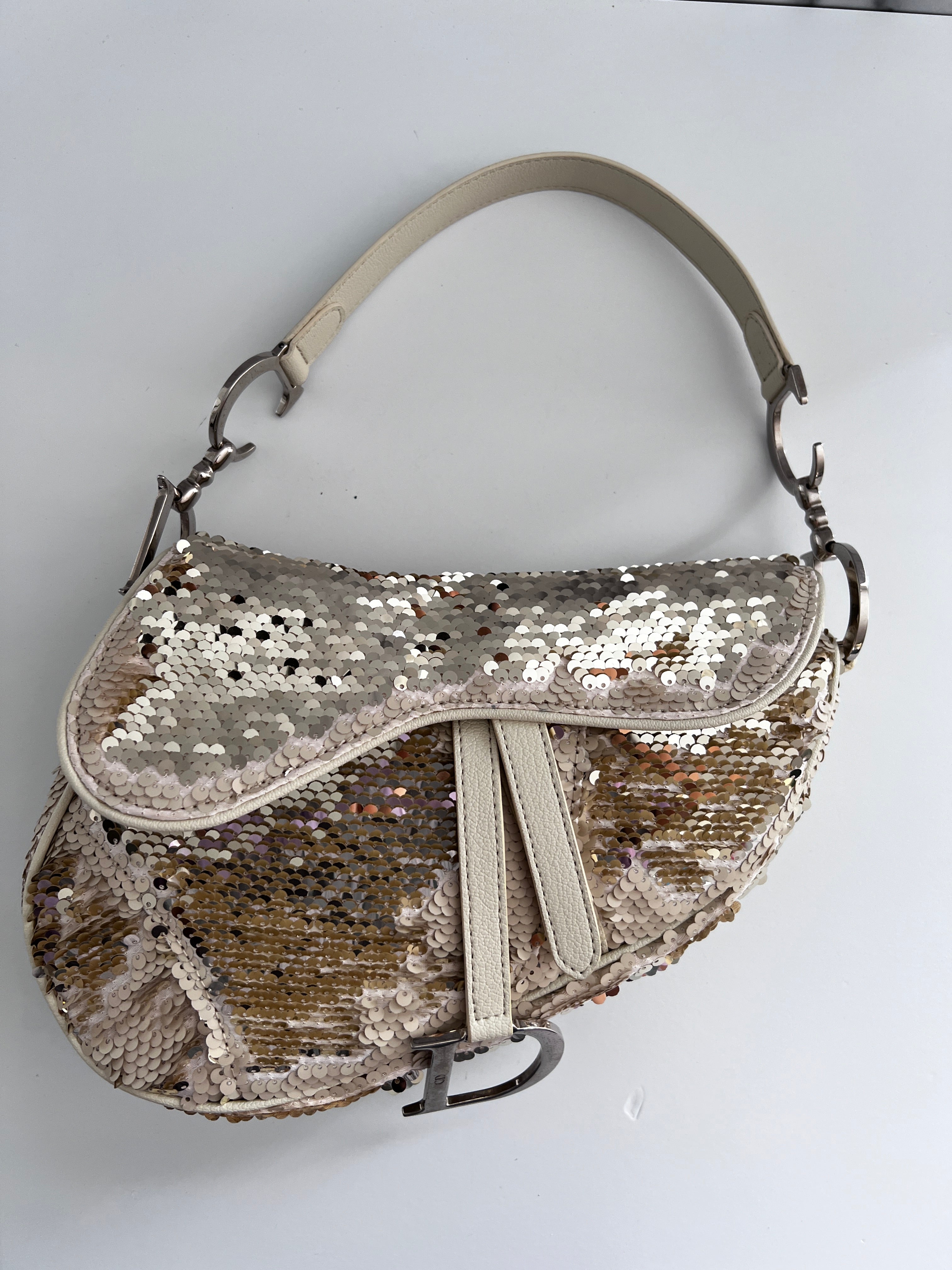 Vintage Dior Cream Reversible Sequin Saddle Bag - Matte & Radiant Finish | Luxury Crossbody Purse for Evening Parties, Weddings & Special Occasions
