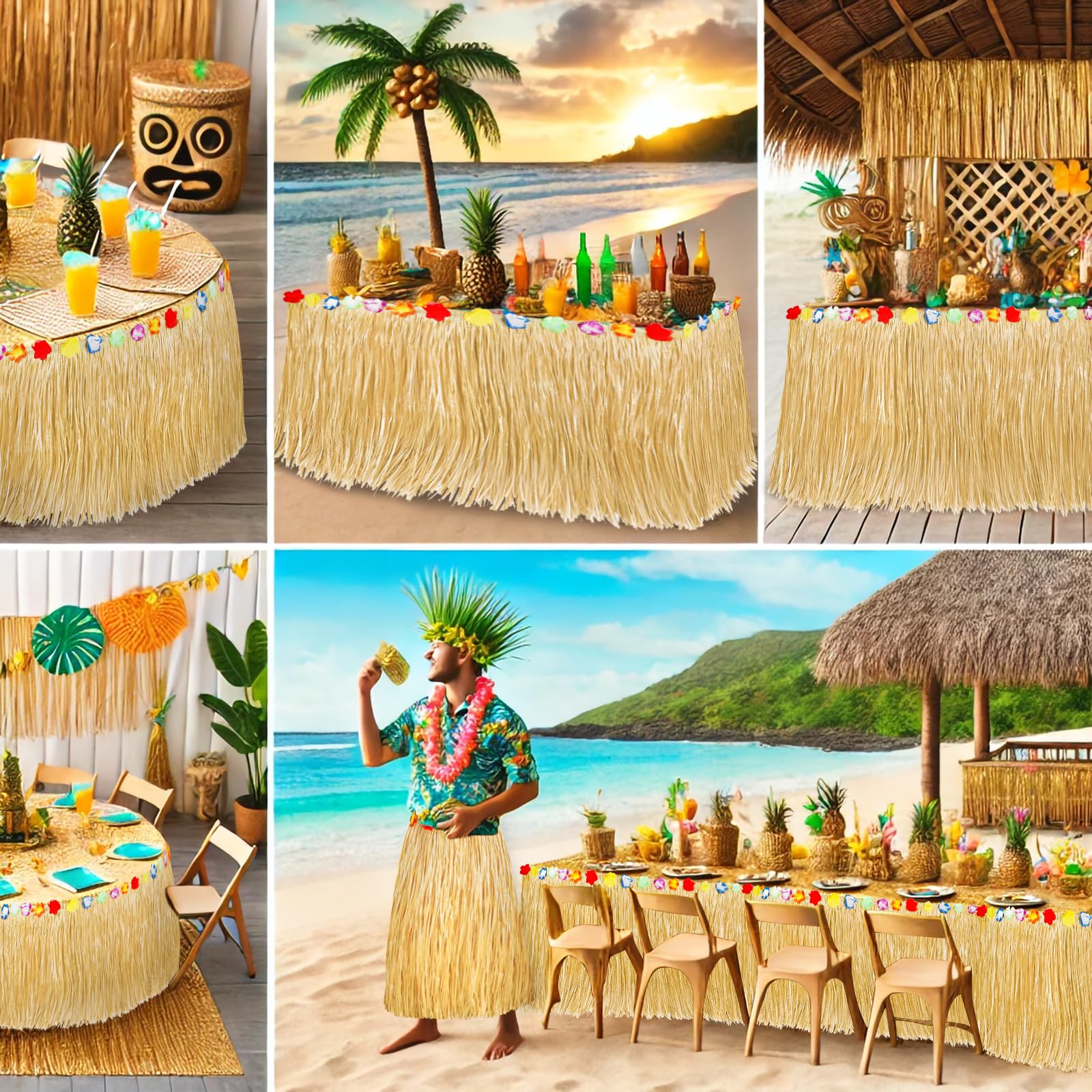 Hawaiian Luau Party Decorations - 2 Pack Tropical Grass Table Skirts 53.2