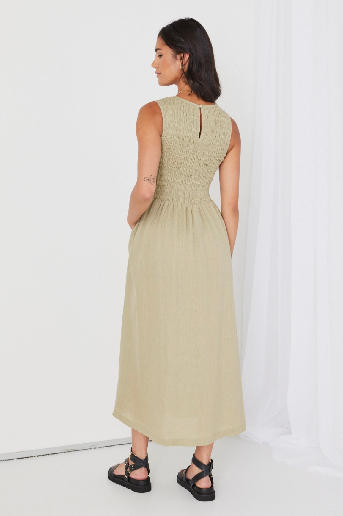 Bryar Light Khaki Linen Sleeveless Shirred Bodice Midi Dress for Women - Summer Beach Vacation & Casual Outfit
