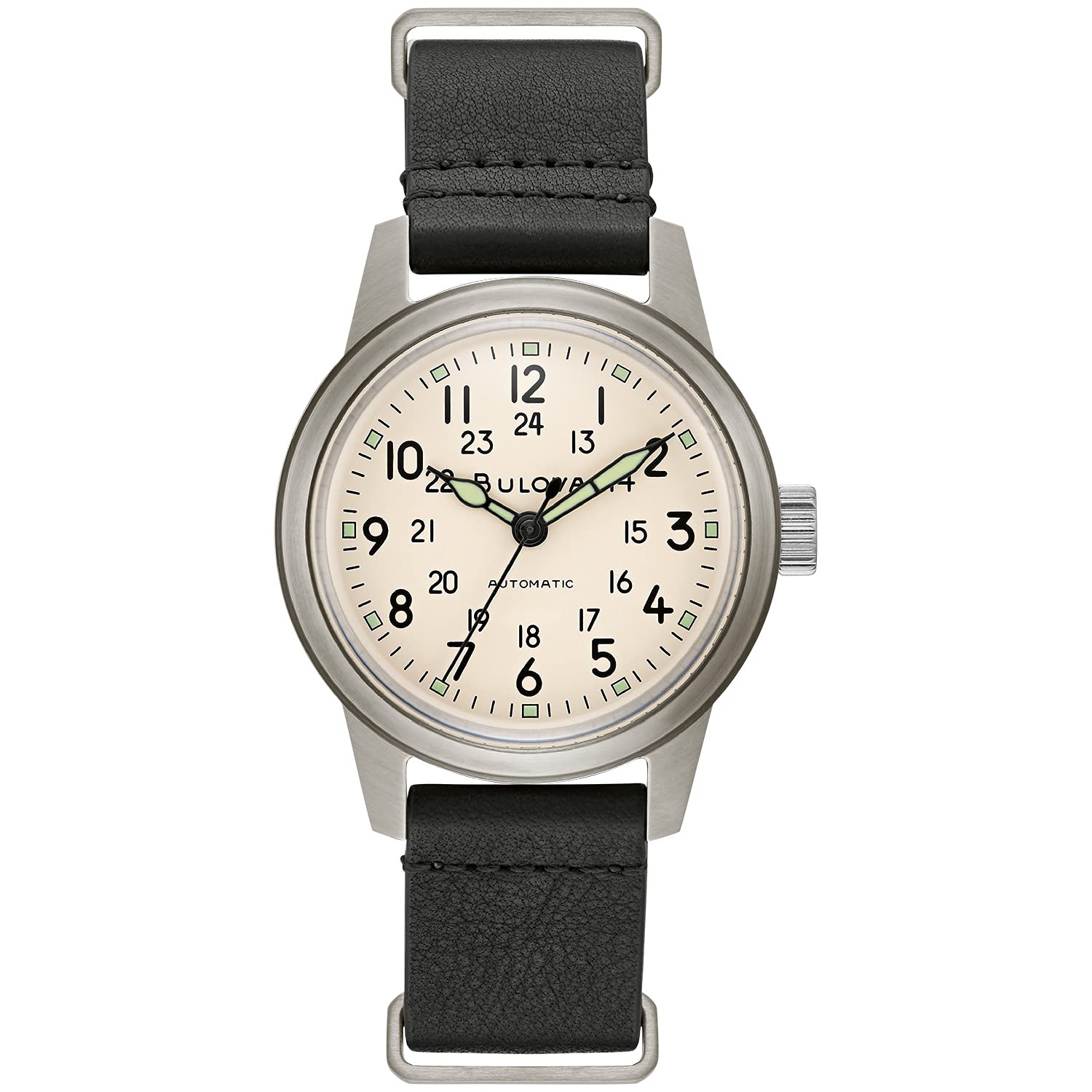 Bulova Men's Military Heritage Hack Automatic Watch - Stainless Steel Case, NATO Leather Strap, Luminous Hands & Markers, Black Leather/Ivory Dial - Perfect for Outdoor Adventures & Military Enthusiasts