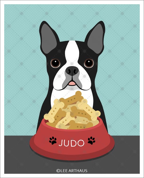 Personalized Name Boston Terrier Dog with Biscuits in Bowl - Custom Pet Portrait Wall Art Print by Lee ArtHaus | Perfect for Dog Lovers, Pet Memorial Gifts & Home Decor