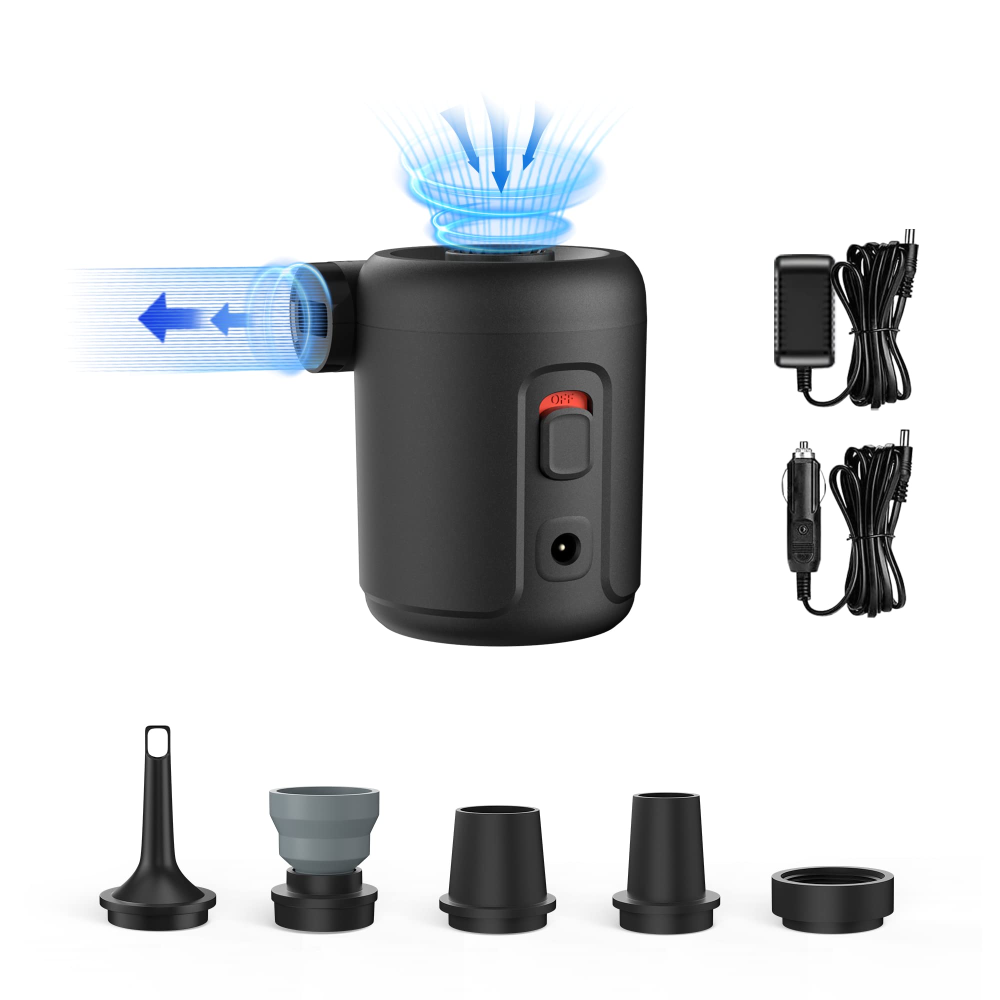 **FLEXTAILGEAR Electric Air Pump - Portable 110V AC/12V DC Air Mattress Pump with 5 Nozzles for Inflatables, Sleeping Pads, Pool Floats - Ideal for Camping, Hiking & Home Use (Not Rechargeable)**