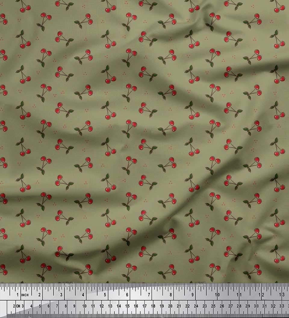 Soimoi Japanese Crepe Fabric - 42 Inch Wide Green Floral Print Material with Dots, Leaves & Cherry Design - Perfect for DIY Dresses, Curtains, Home Decor & Craft Projects