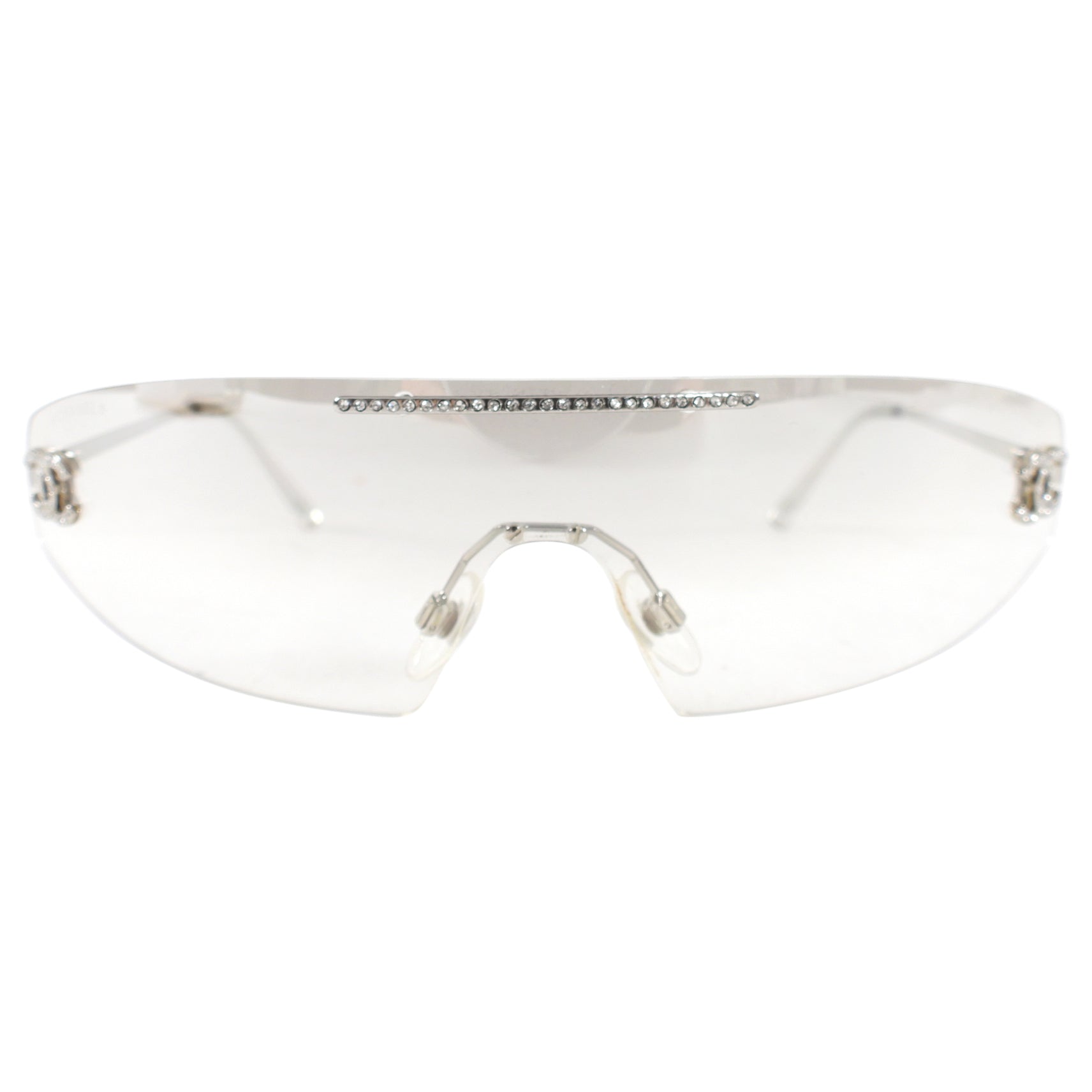 Vintage Chanel Clear Shield Sunglasses with Crystal CC Logo - Early 2000s Retro Fashion Sunglasses for Women, Perfect for Beach, Summer Outfits & Luxury Style Accessories