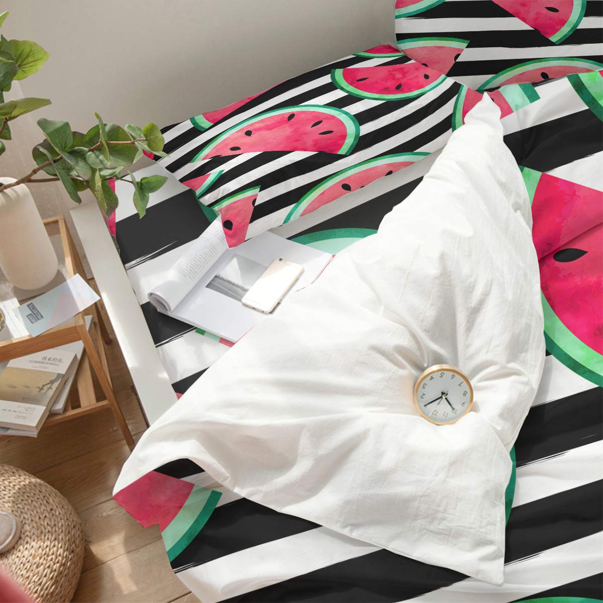 Luxury 4-Piece Twin Size Duvet Cover Set - Soft Black and White Stripe Watermelon Print Bedding (1 Duvet Cover + 1 Sheet + 2 Pillowcases) for Modern Bedroom Decor, Guest Room & Dorm Essentials