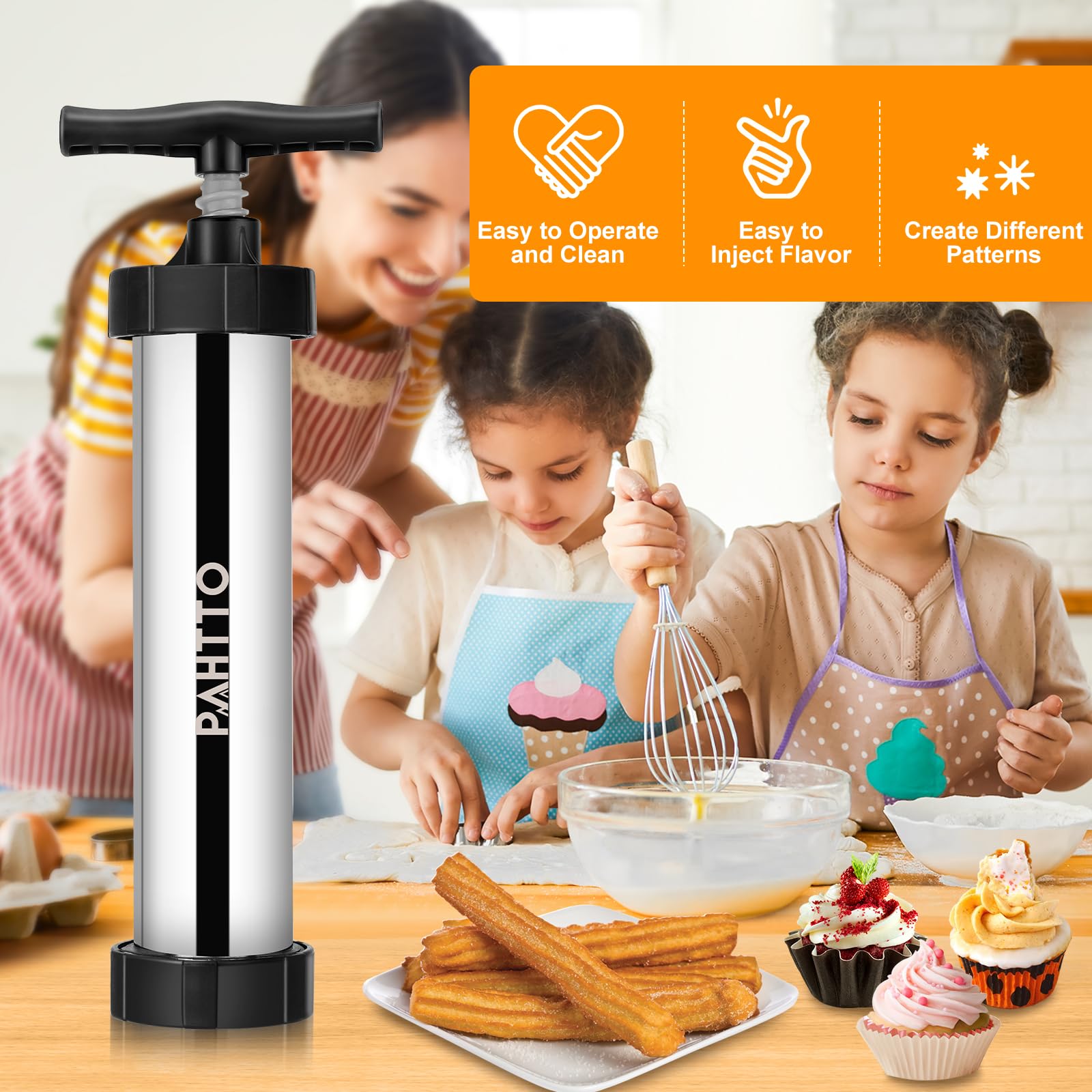 Stainless Steel Churro Maker Kit with 4 Nozzles, Piping Bag & Cleaning Brushes - Professional Churro Machine for Homemade Spanish Donuts - Perfect for Parties, Gifts & Family Baking Fun