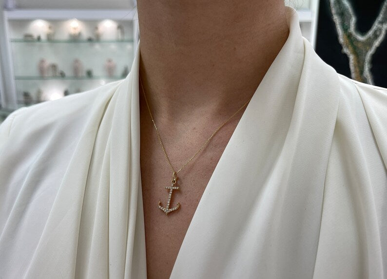 14K Gold Natural Diamond Anchor Necklace for Women - 0.45tcw Iced Out Pave Cut Ocean Lover Jewelry Gift for Birthday, Anniversary & Beach Vacation