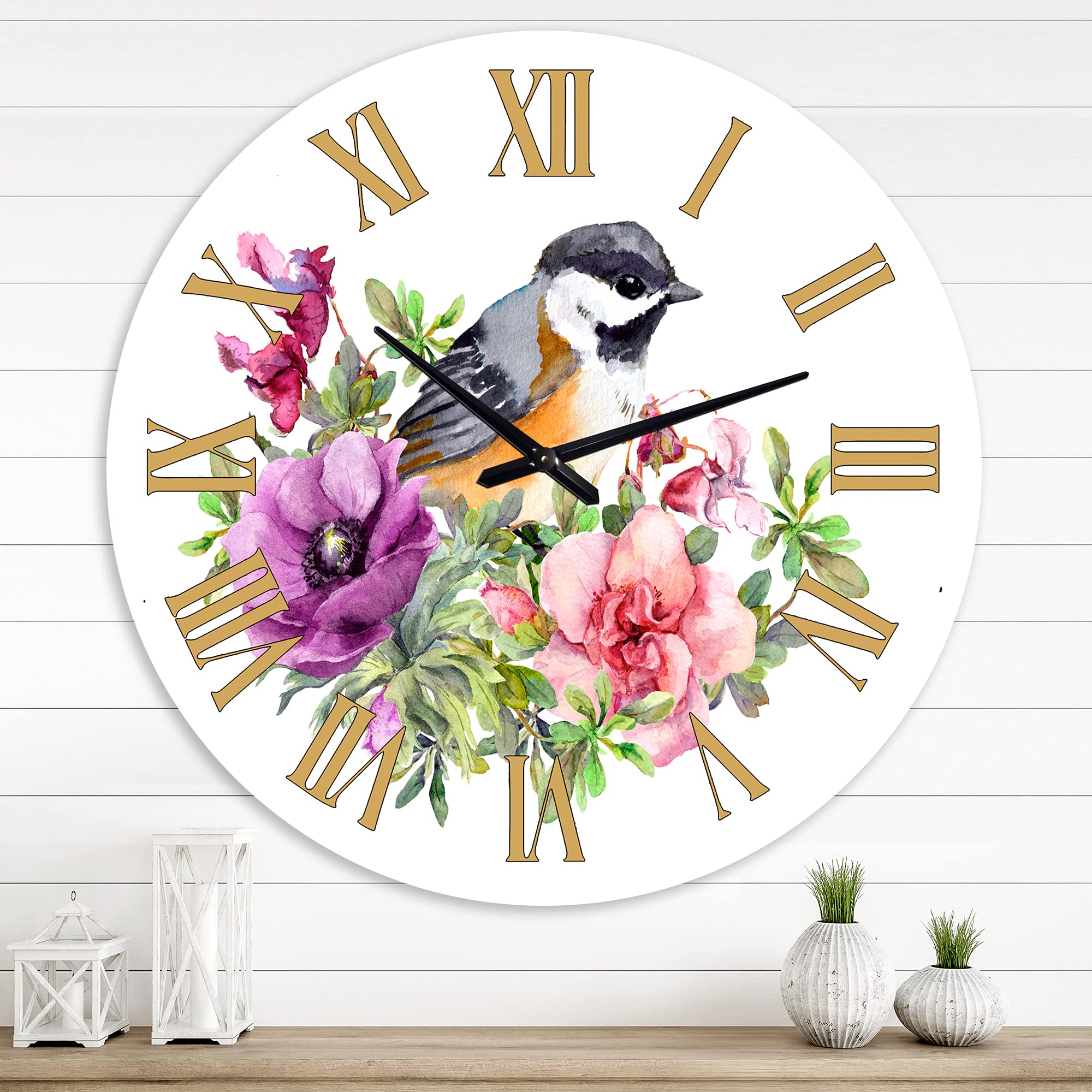 DesignQ Traditional Wall Clock - Cute Bird in Pink & Purple Flowers, Large Animal-Themed Wall Clock for Living Room, Bedroom & Office Decor | Perfect for Home, Office & Gift Giving