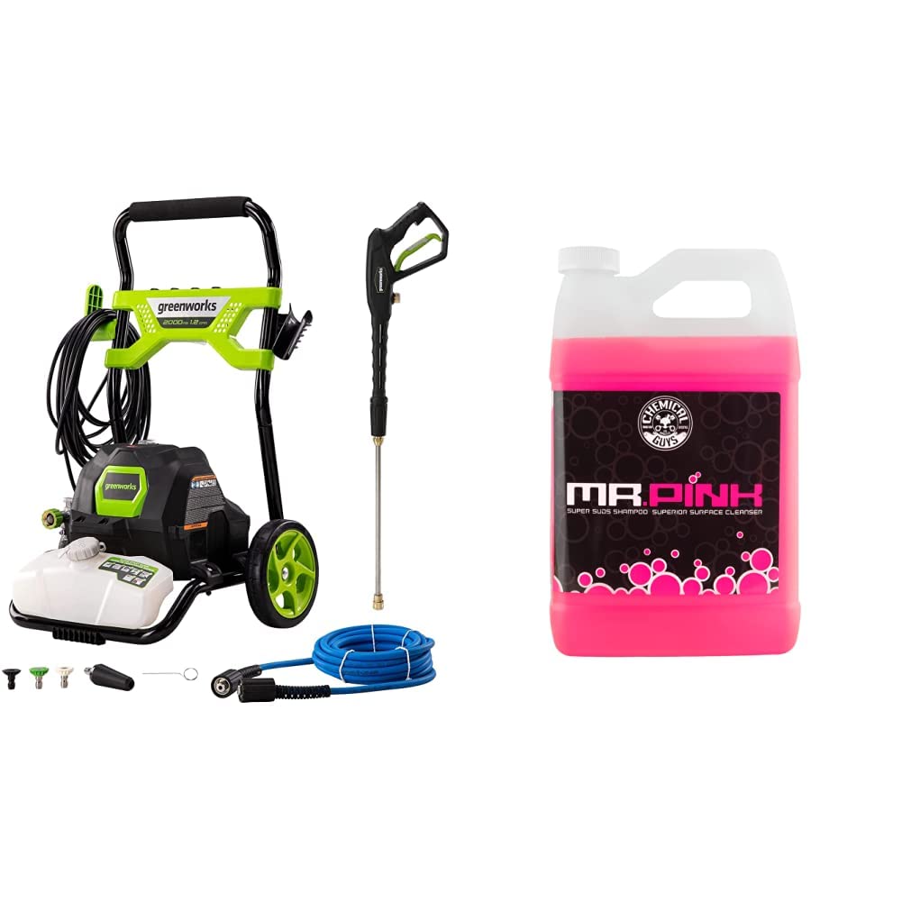 Greenworks 2000 PSI 1.2 GPM Electric Pressure Washer with Open Frame (GPW2003) & Chemical Guys Mr. Pink Foaming Car Wash Soap (1 Gallon, 128 fl oz) - Candy Scent for Home, Driveway, Deck, and Vehicle Cleaning