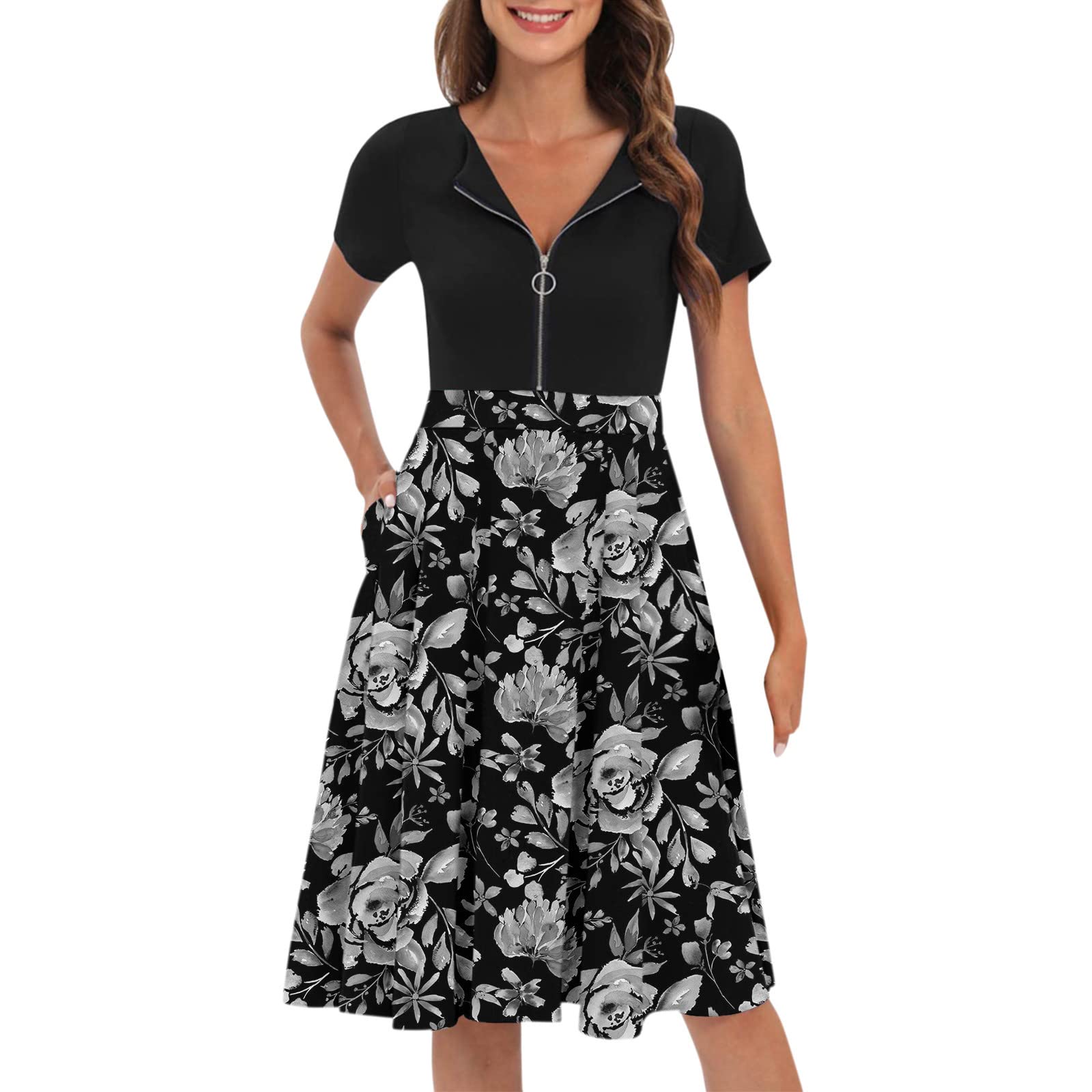 Vintage Floral Print A-Line Swing Dress for Women - Summer Casual Midi Dress with Zipper & Pockets | Perfect for Parties, Dates & Outdoor Events