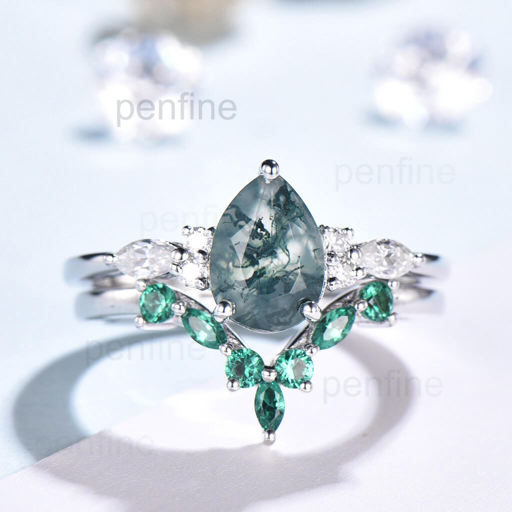 2pcs Pear Shaped Green Moss Agate Nadia Engagement Ring Set with Emerald Band - Perfect for Wedding, Proposal, Anniversary & Special Occasions