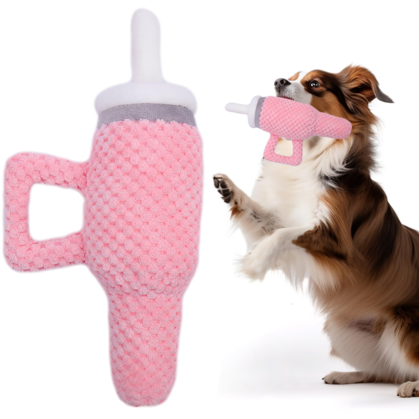 Palksky Cute Pink Tumbler with Handle - Interactive Dog Chew Toy for Aggressive Chewers, Durable Plush No Mess Chew & Play Toy, Perfect for Stanley Cup Fans - Fun Gift for Girl Dogs & Puppies (Great for Indoor Play, Outdoor Adventures & Travel)