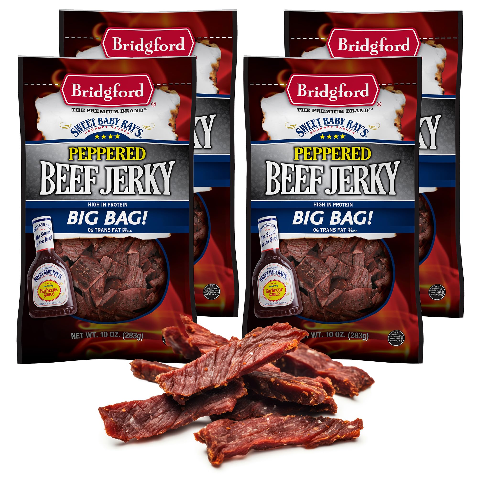 Bridgford Sweet Baby Ray's Peppered Beef Jerky 10 oz (Pack of 4) | High Protein Low Carb Healthy Snack | Gluten Free Keto Friendly | Perfect for Hiking, Camping, Travel & Office Snacks