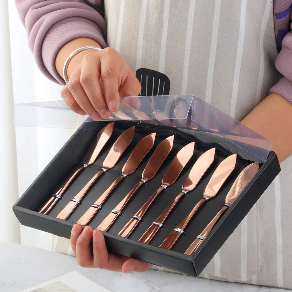 Premium YDware 18/10 Stainless Steel Rose Gold Butter Knives Set - 6.1 Inch Dishwasher Safe Cheese Spreaders (Set of 8) in Elegant Black Gift Box - Perfect for Dinner Parties, Cheese Platters & Wedding Gifts
