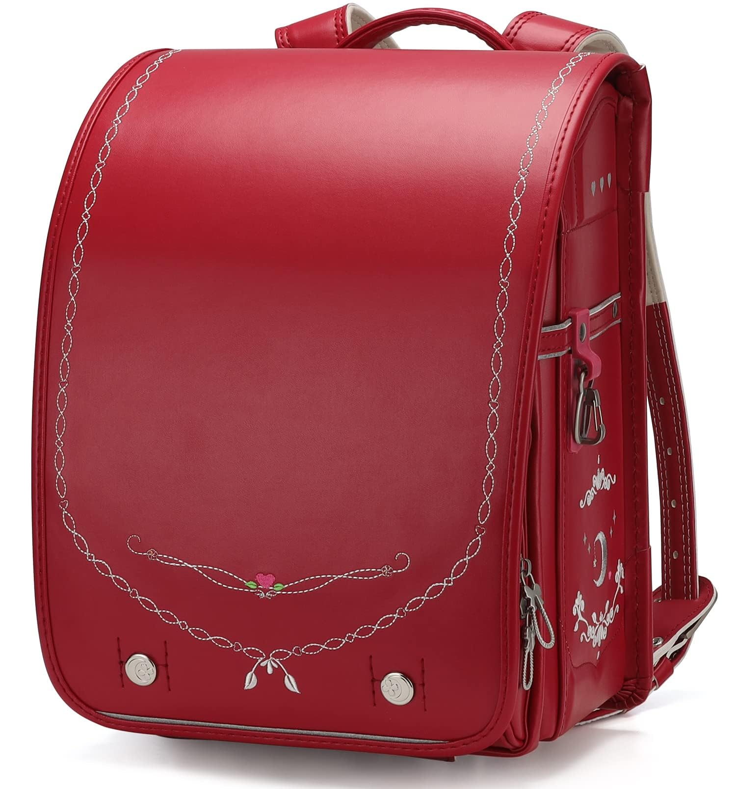 Baobab's Wish Japanese School Backpack for Kids - PU Leather Randoseru Ransel Semi-Automatic Satchel Bag for Boys & Girls (Red) - Perfect for Elementary Students, Daily Use & Travel Accessories