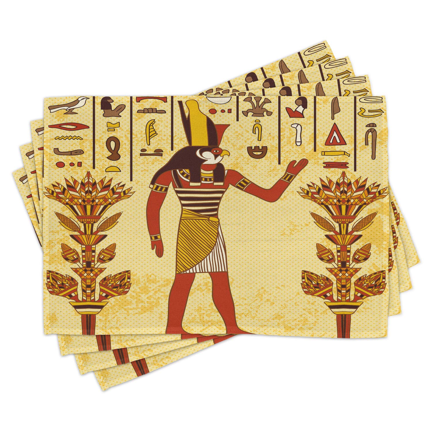 Ambesonne Ethnic Placemats Set of 4 - Egyptian Hieroglyph Retro Myth Papyrus Design Washable Fabric Table Mats for Dining Room & Kitchen Decor in Pale Yellow & Marigold Red | Perfect for Dinner Parties, Holiday Gatherings & Everyday Use