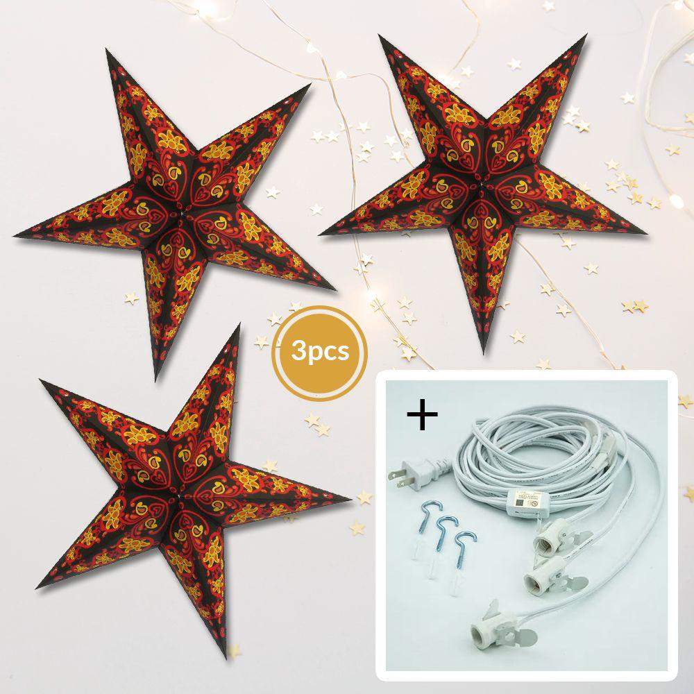 3 Pack Black Magic 24 Inch LED Illuminated Paper Star Lanterns with Bulbs & Cord - Perfect for Halloween, Christmas, Party Decorations & Home Lighting