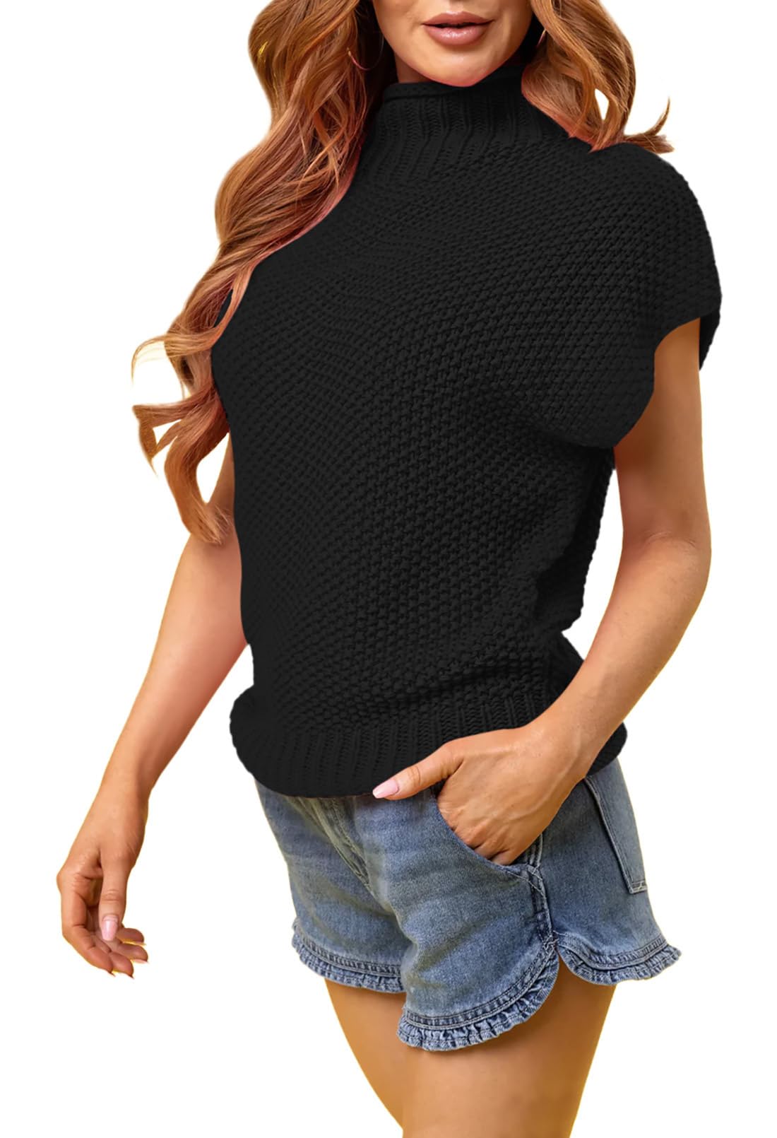 Pink Queen Women's 2025 Spring Mock Neck Sweater Vest Cap Sleeve Pullover Knit Tops - Casual Office Wear & Spring Layering Essential