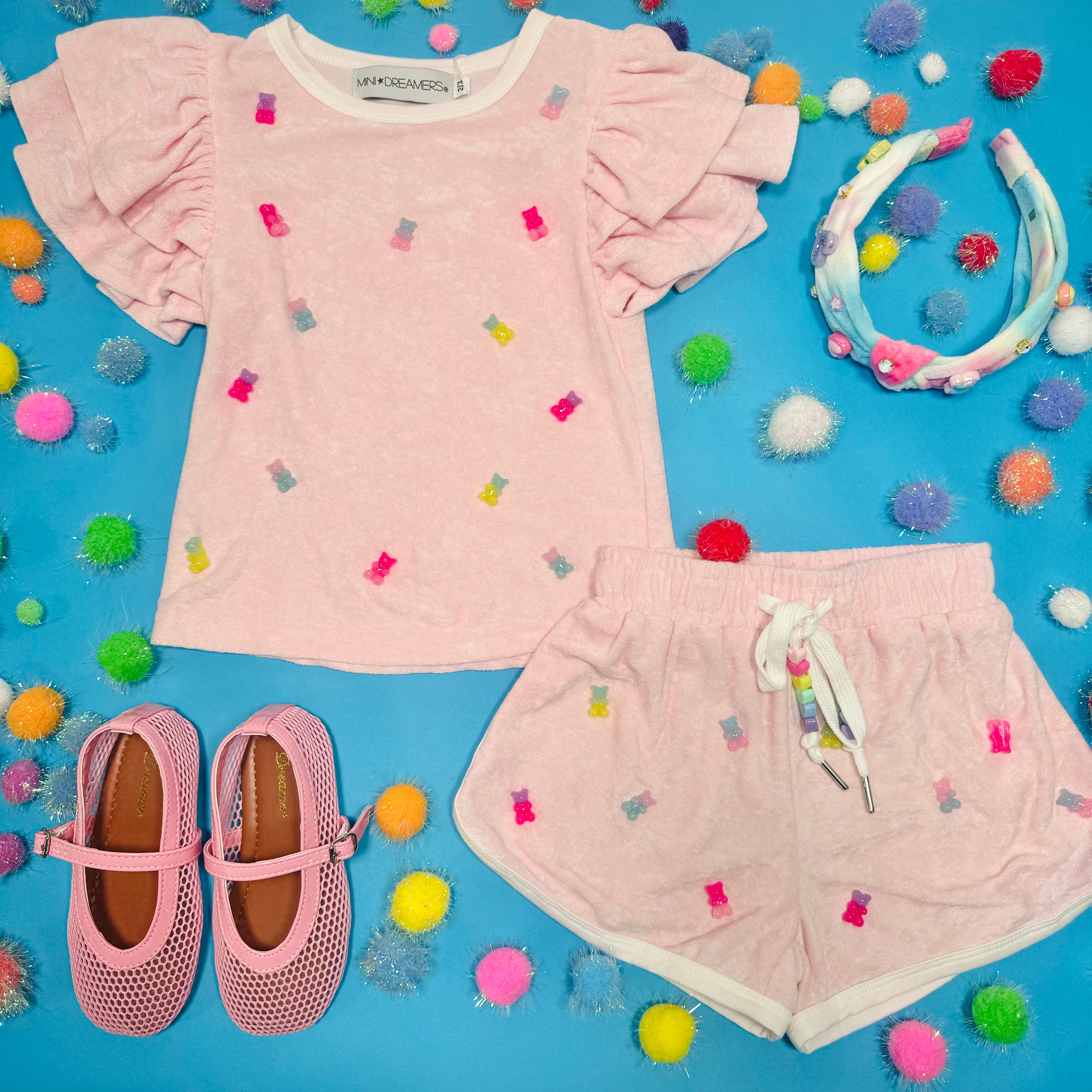 Cute Candy Bear Print Top and Shorts Set for Women - Soft Cotton Summer Outfit for Casual Wear, Beach, and Lounge