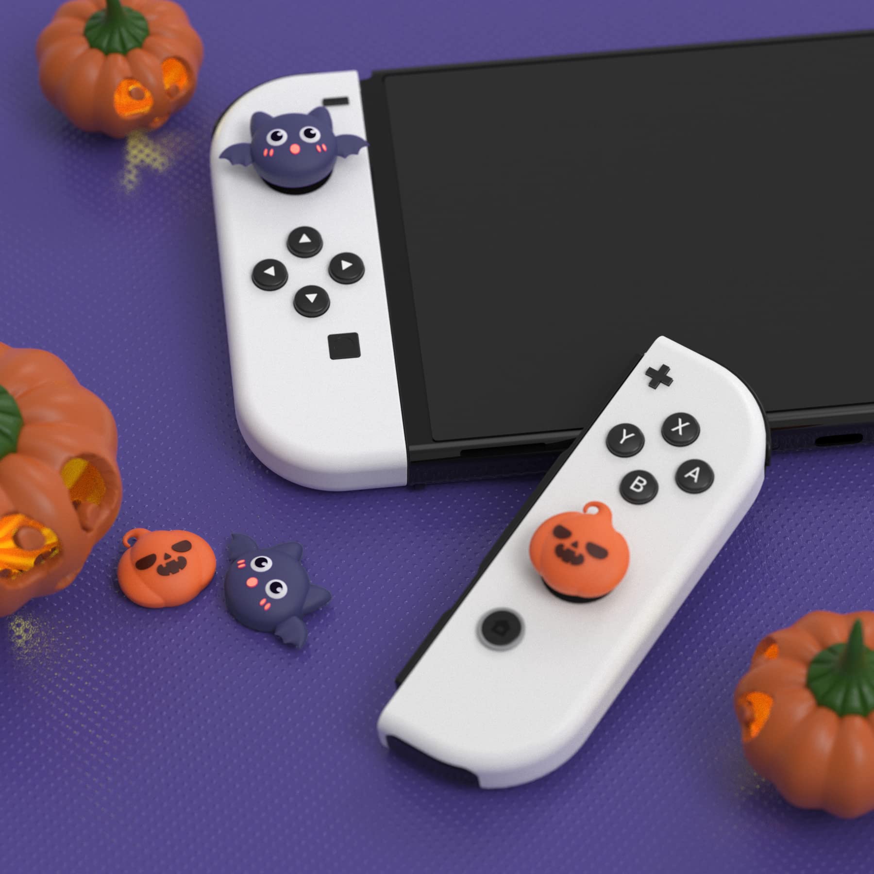 PlayVital Halloween Pumpkin Bat Joystick Caps for Nintendo Switch, Switch Lite & Switch OLED - Analog Thumb Grip Covers for Enhanced Gaming Comfort (Perfect for Halloween Gaming Sessions & Year-Round Play)