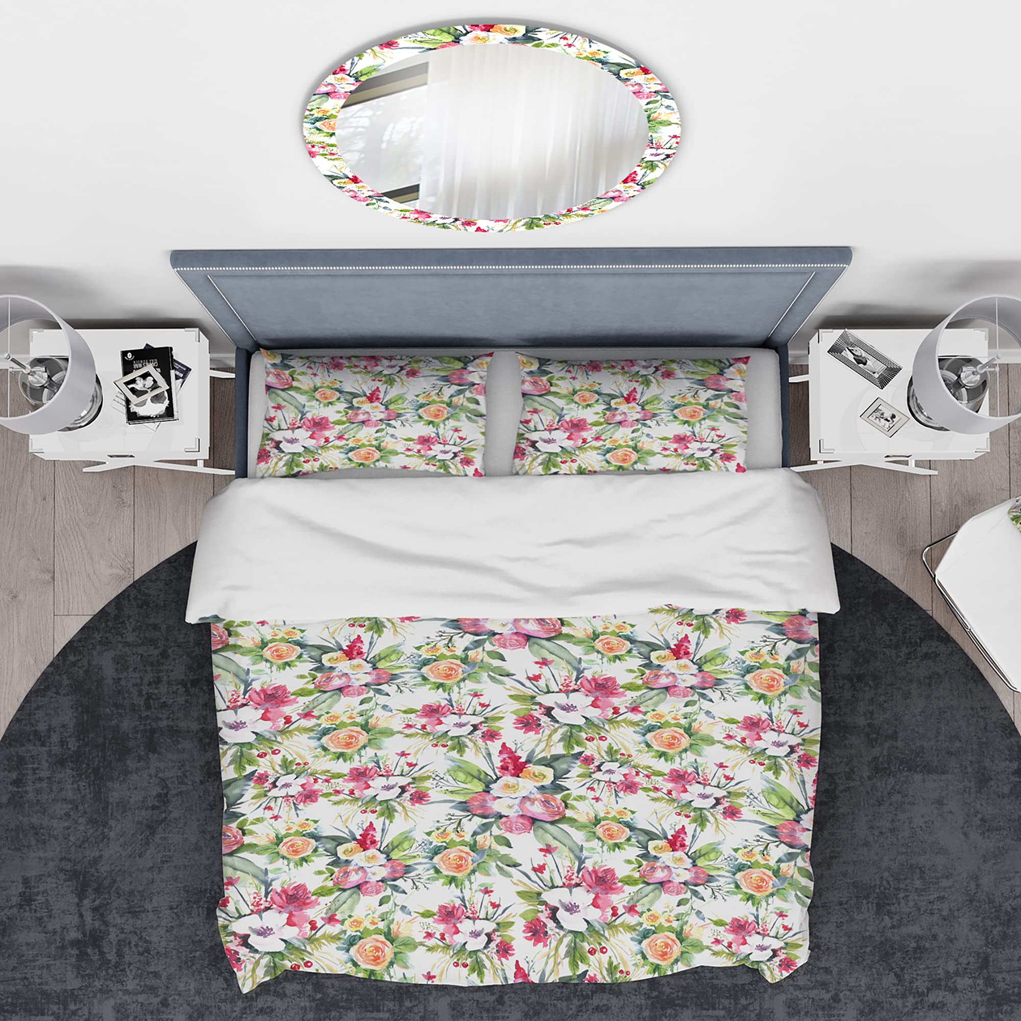 DesignQ Summer Wedding Floral Duvet Cover Set - Red, White & Yellow Nautical Coastal King Size (3-Piece) | All-Season Beach-Themed Bedding for Guest Rooms, Vacation Homes & Coastal Decor