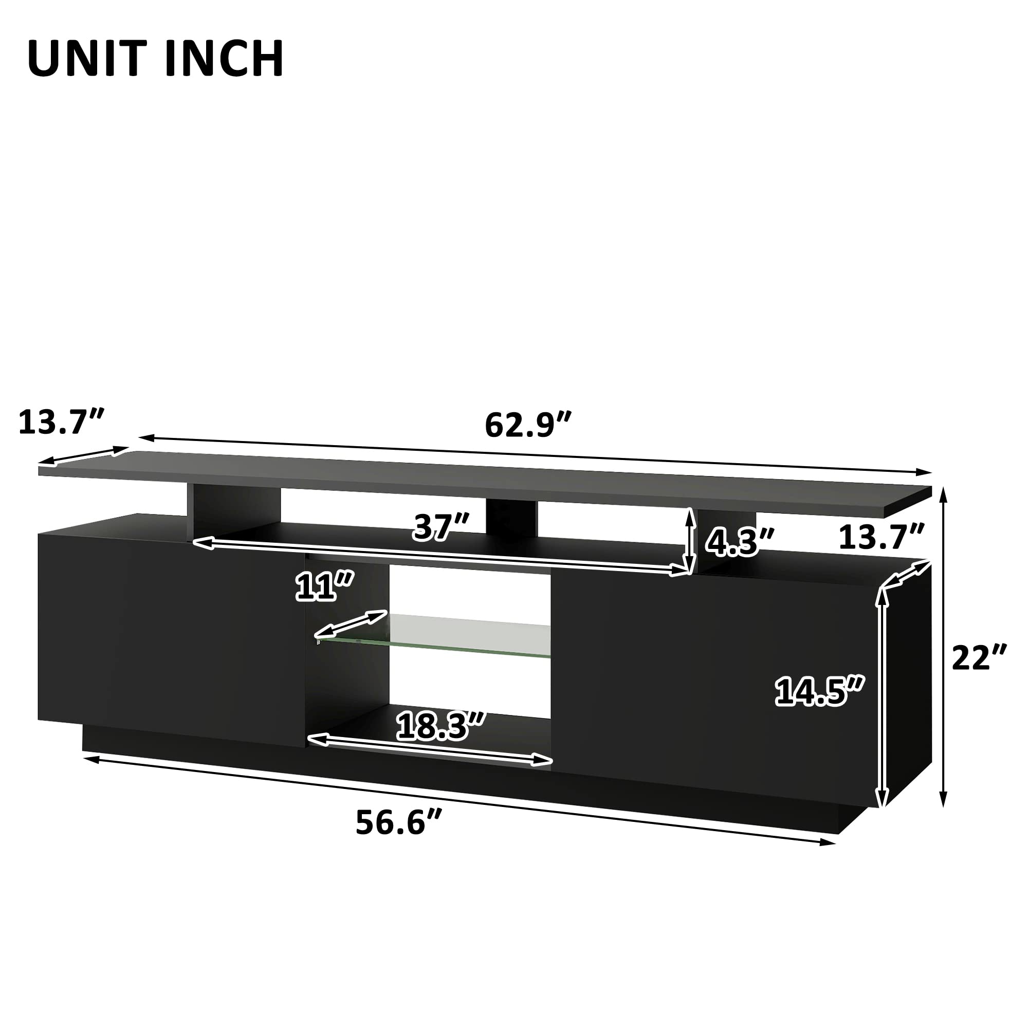 62.9 Inch Modern TV Stand with LED Lights for 65 Inch TVs - 3 Tier High Gloss Media Console with 2 Storage Cabinets & Tempered Glass Shelves - Entertainment Center for Living Room, Bedroom & Home Theater (Black)