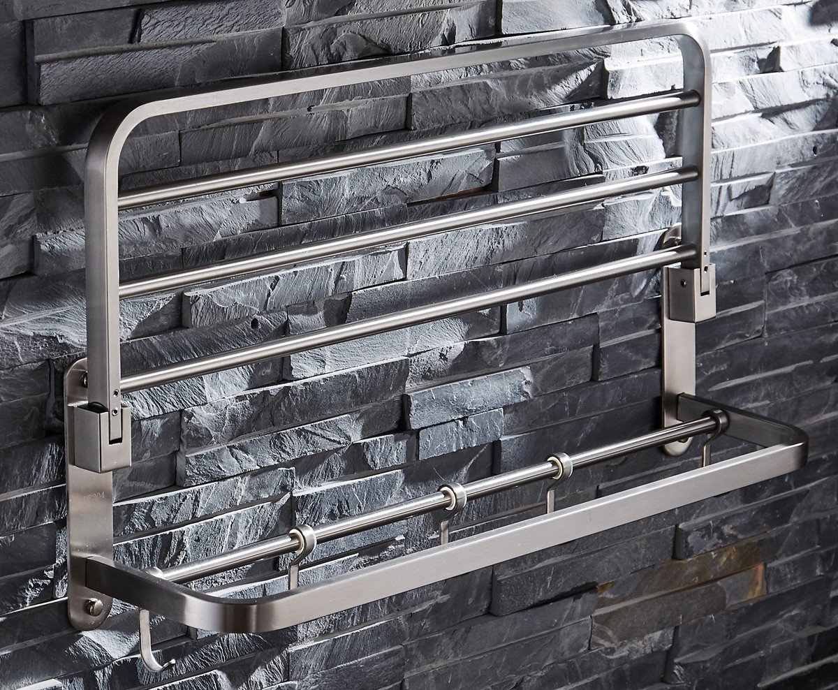 ELLO&ALLO Brushed Nickel Wall Mounted Foldable Towel Rack - Double Towel Bar with Hooks, Stainless Steel Bathroom Shelf Organizer - Perfect for Small Spaces, Apartments & Spa-Style Bathrooms