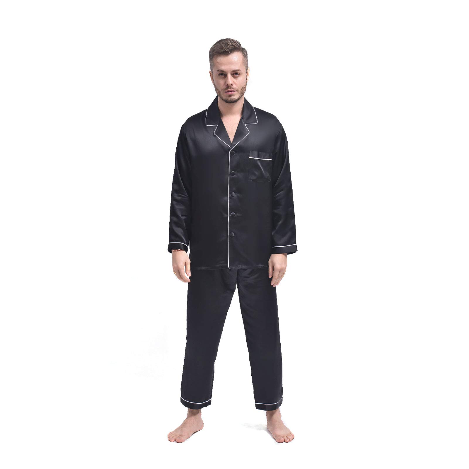 Luxury 19 Momme Mulberry Silk Pajama Set for Men - 2 Piece Long Sleeve Silk Pajamas | Lightweight & Breathable Sleepwear for Lounging, Travel & Relaxation at Home