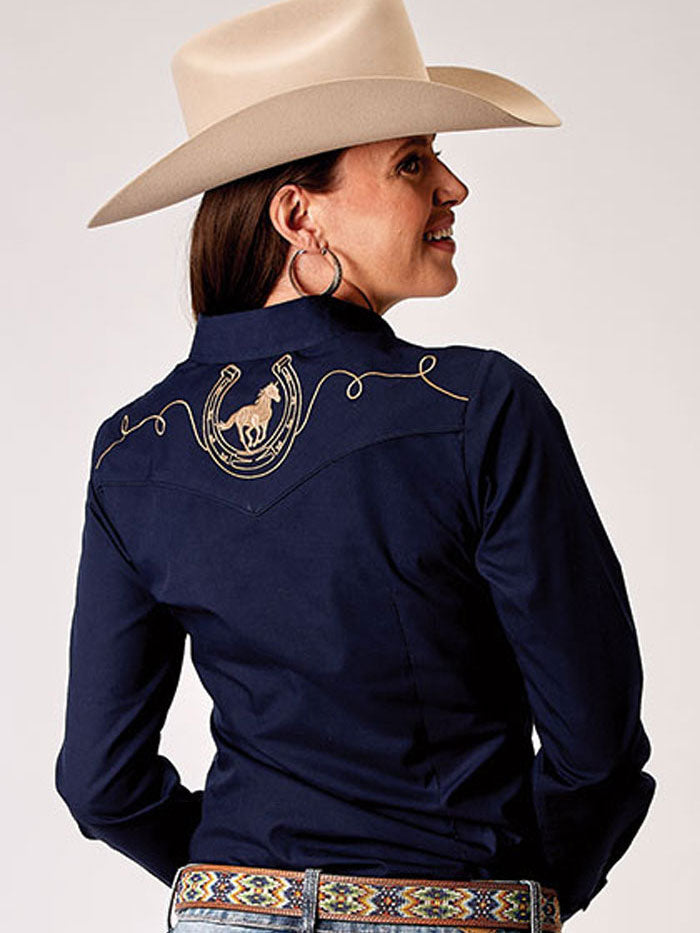 Roper Women's Long Sleeve Western Shirt in Navy Blue - Classic Cowgirl Style for Rodeo, Ranch Work & Country Fashion