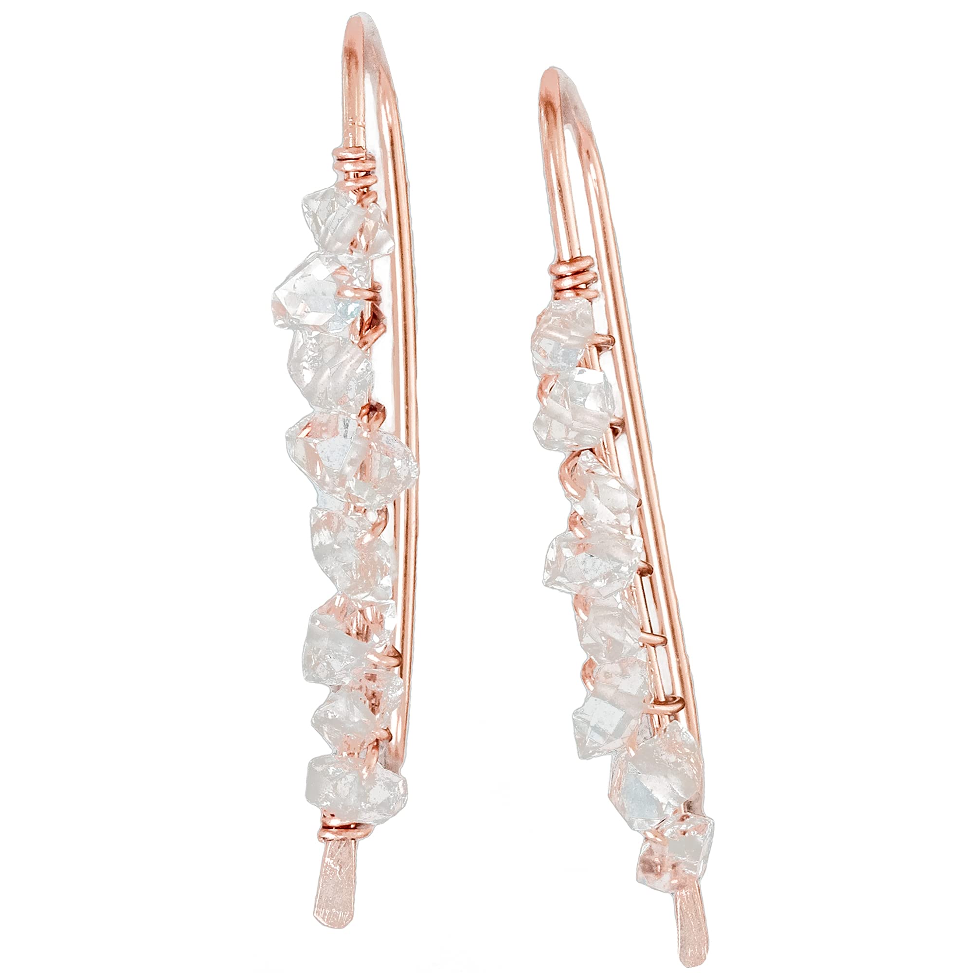 14K Rose Gold Filled Herkimer Diamond Ear Climbers - Handmade Dainty Earrings for Women | Lotus Stone Jewelry | Perfect for Date Night, Parties & Special Occasions