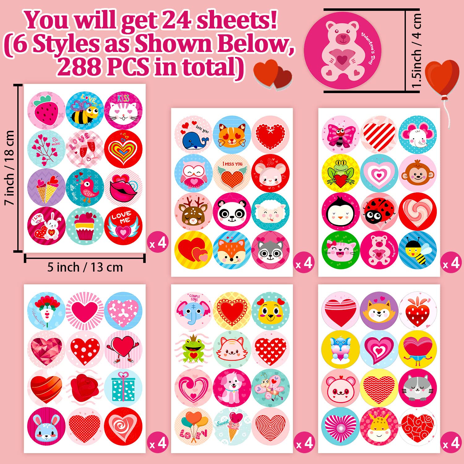 Partywind 24 Sheets Valentine's Day Stickers for Kids - 288 Cute Waterproof Heart Animal Stickers for Classroom Rewards, Goodie Bag Stuffers & Party Favors | Perfect for School Valentine Exchanges, Teacher Prizes & Kids' Craft Projects