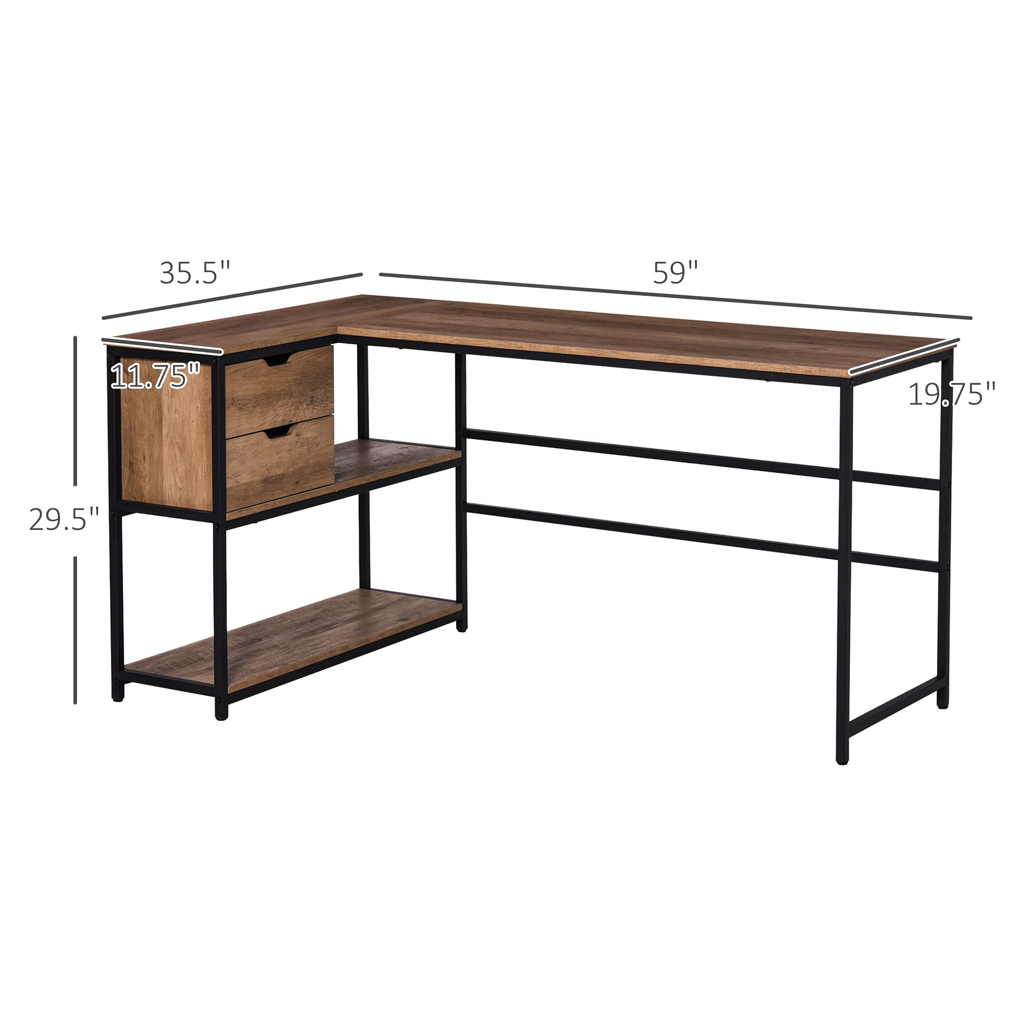 HOMCOM L-Shaped Home Office Computer Desk with Storage Shelves, 2 Drawers & Industrial Steel Frame - Black/Brown - Perfect for Small Spaces, Gaming & Workstation Setup