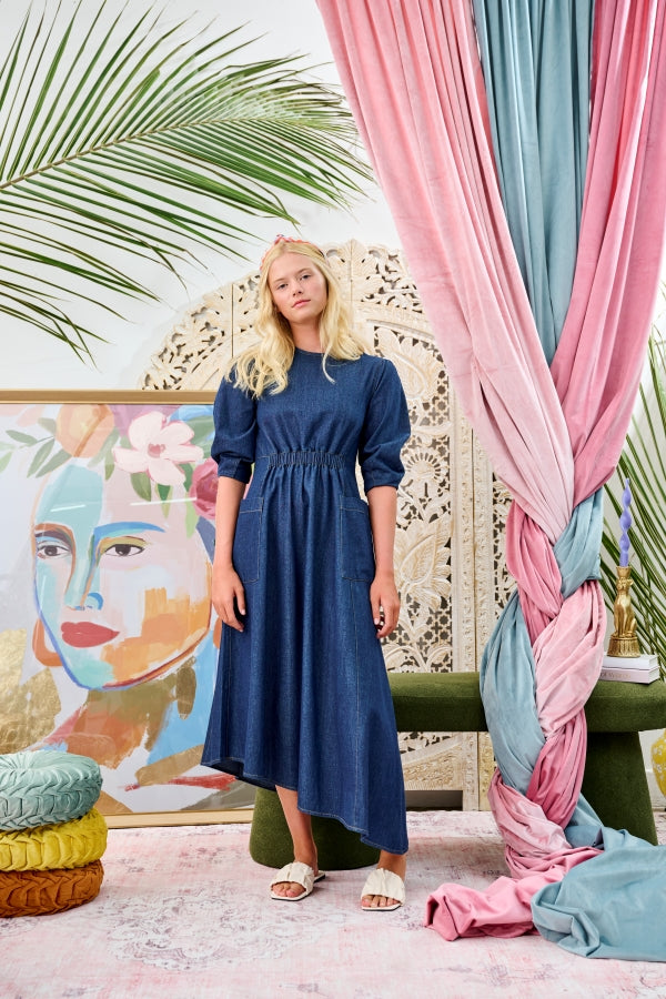 Alexandre Laurent Indigo Wash Denim Dress with Side Pockets | Women's Casual Boho Chic Dress for Summer Outings & Beach Vacations