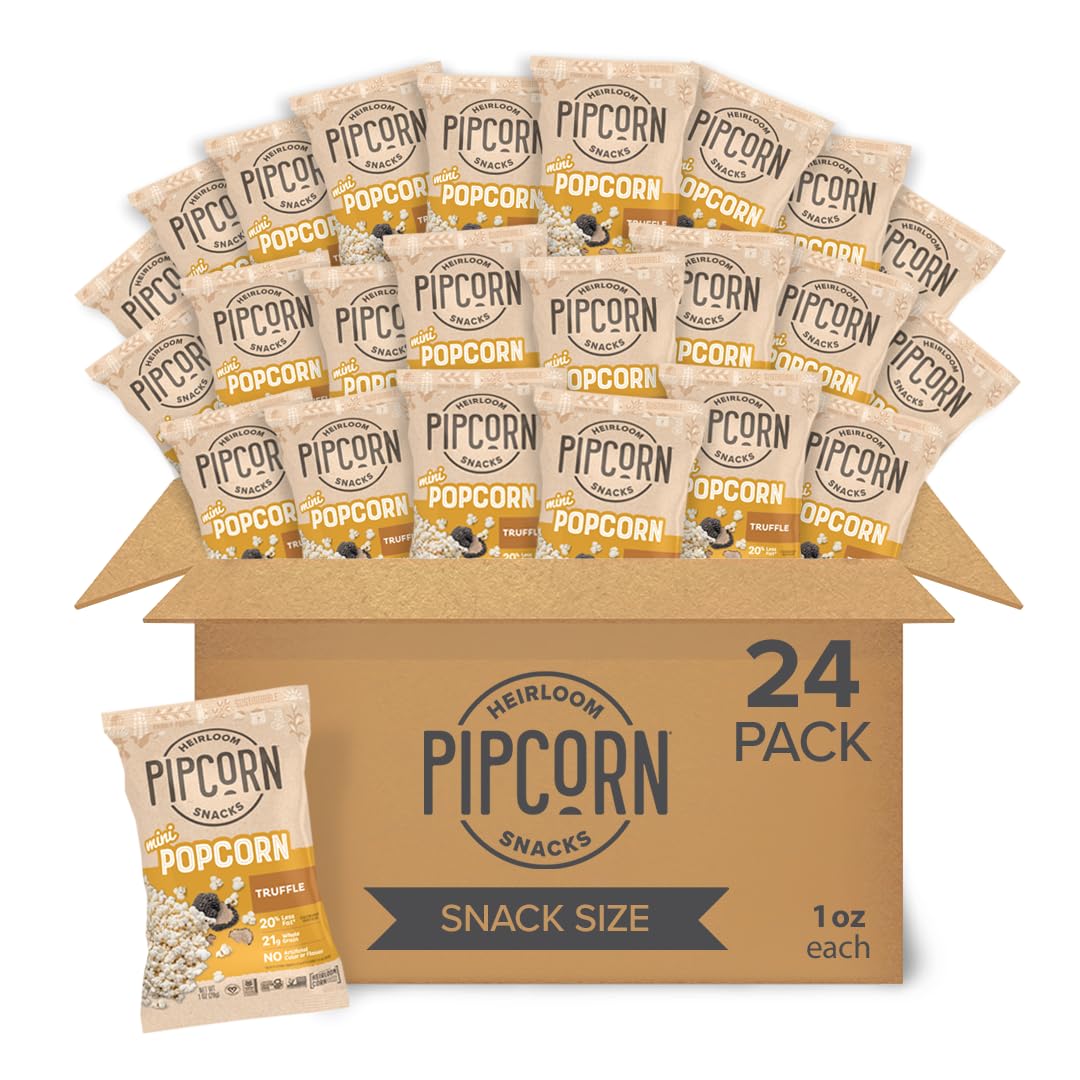 Pipcorn Heirloom Truffle Mini Popcorn - 1oz 24 Pack | Gluten Free Healthy Snacks | Non-GMO Heirloom Corn with Black Truffle Flavor | Perfect for School Lunches, Movie Nights & Office Snacking