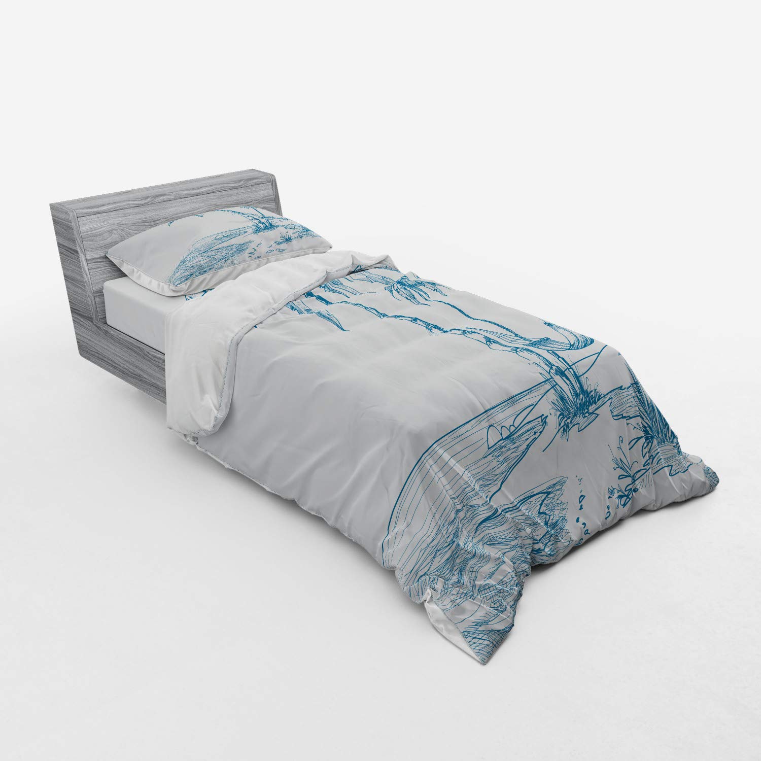 Ambesonne Tropical Beach Duvet Cover Set - 3 Piece Blue & White Twin Size Bedding with Palm Tree & Hammock Design - Perfect for Coastal Decor, Vacation Homes & Summer Bedroom Themes