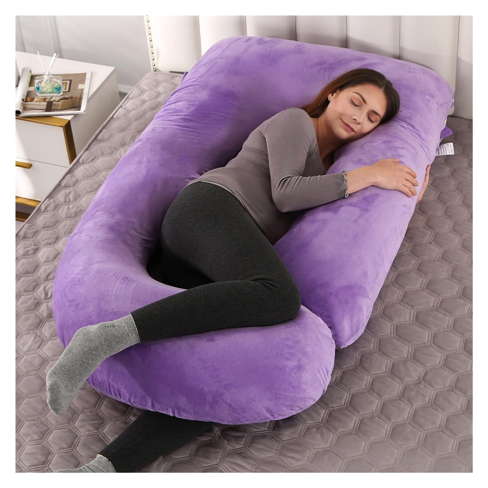 **YANGXIUP J-Shaped Maternity Pillow for Pregnant Women – Large Size (70x145cm) Velvet Purple – Full Body Support for Side Sleeping, Back Pain Relief & Comfort During Pregnancy**