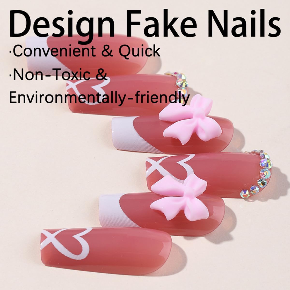 French Tip Press on Nails with Charms - Medium Fake Nails White French Manicure | Cute Bow & Heart Rhinestone Designs | Long Square Acrylic Stick on Nails for Women | Perfect for Daily Wear, Parties & Special Occasions