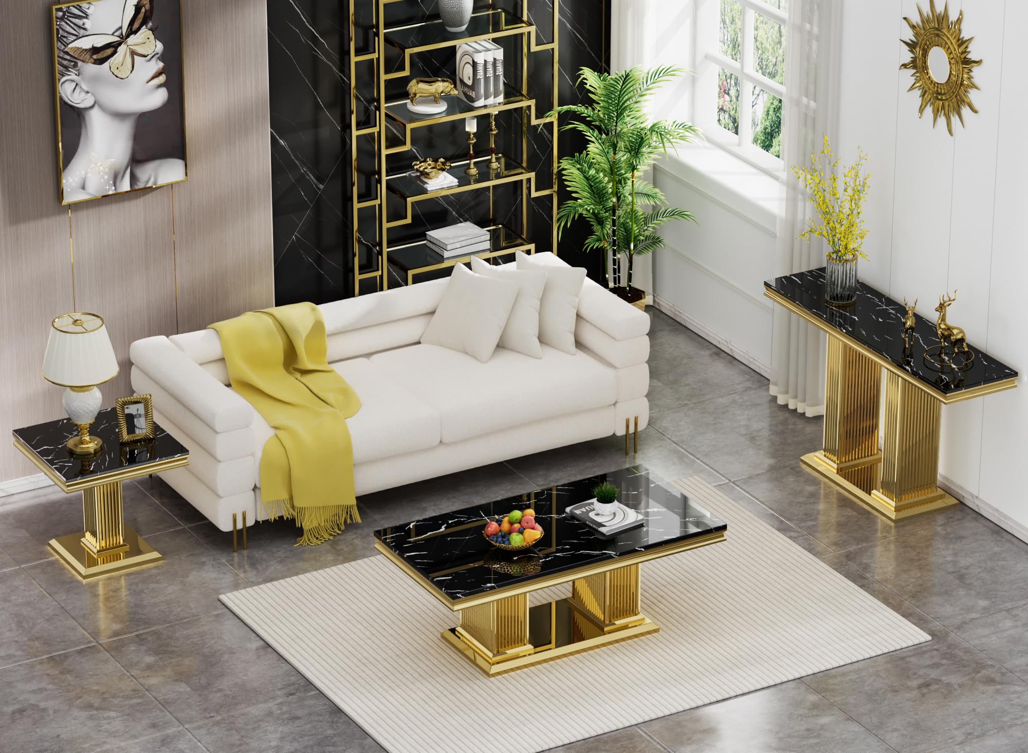 3-Piece Modern Faux Marble Coffee Table Set - Black & Gold Living Room Table Set with Stainless Steel Column Base (Coffee Table, Console Table, End Table) for Home Office, Lounge & Reception Areas