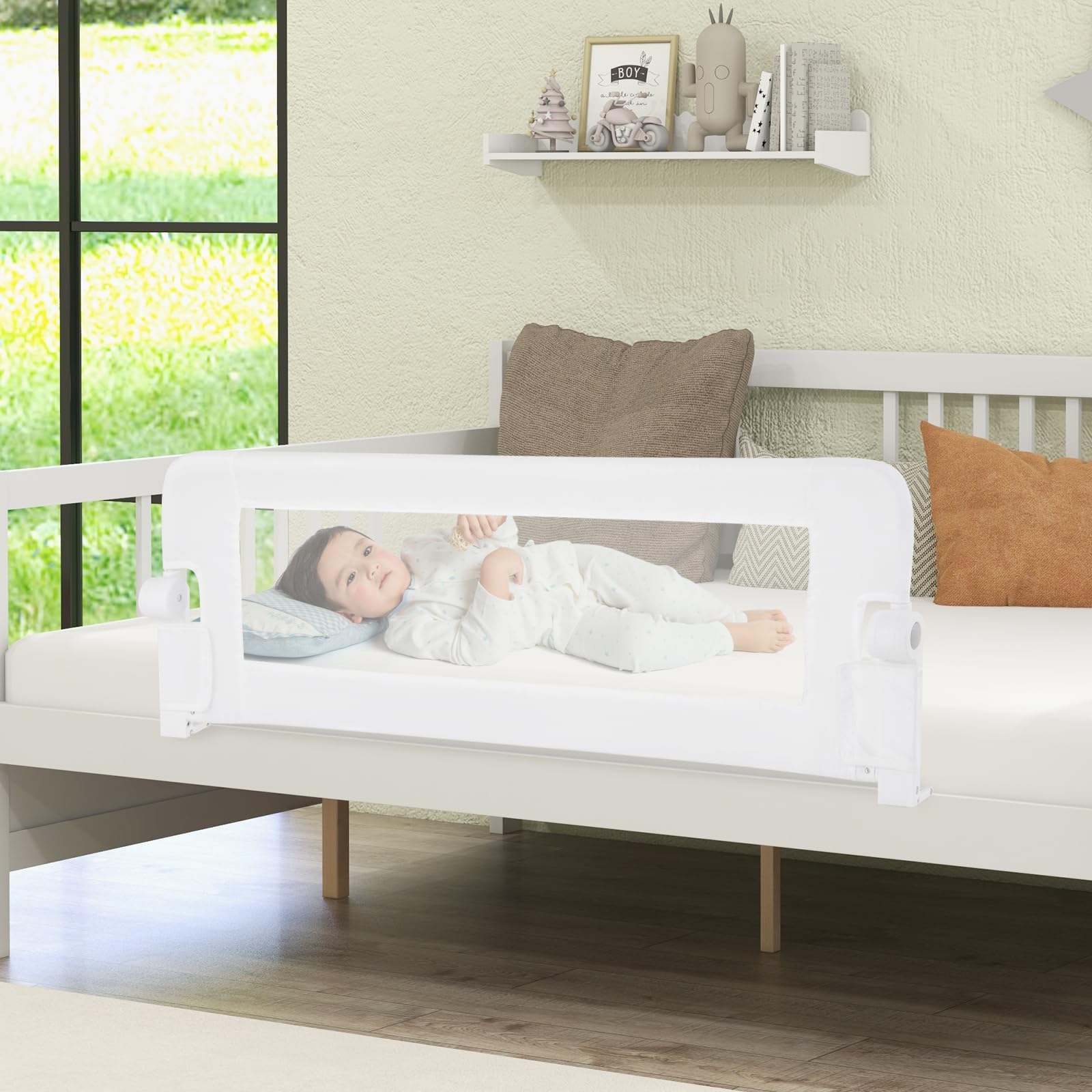 HONEY JOY Extra Long Foldable Portable Swing Down Safety Bed Rail for Toddlers - 47 Inch White Bed Guard Rail for Crib, Twin, Full, Queen & King Size Mattresses - Perfect for Travel, Home & Child Safety (1 Pack)