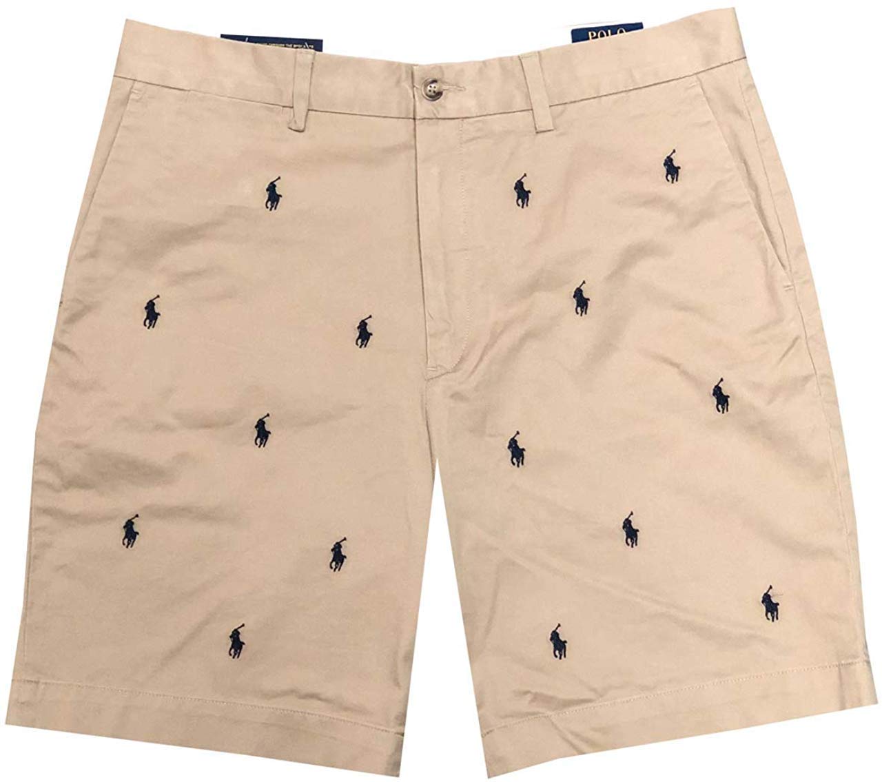 Ralph Lauren Men's Classic Fit Stretch Chino Shorts - Comfortable Casual Shorts for Summer | Brown Navy Pony Print | Size 30 | Perfect for Beach, Golf & Outdoor Activities